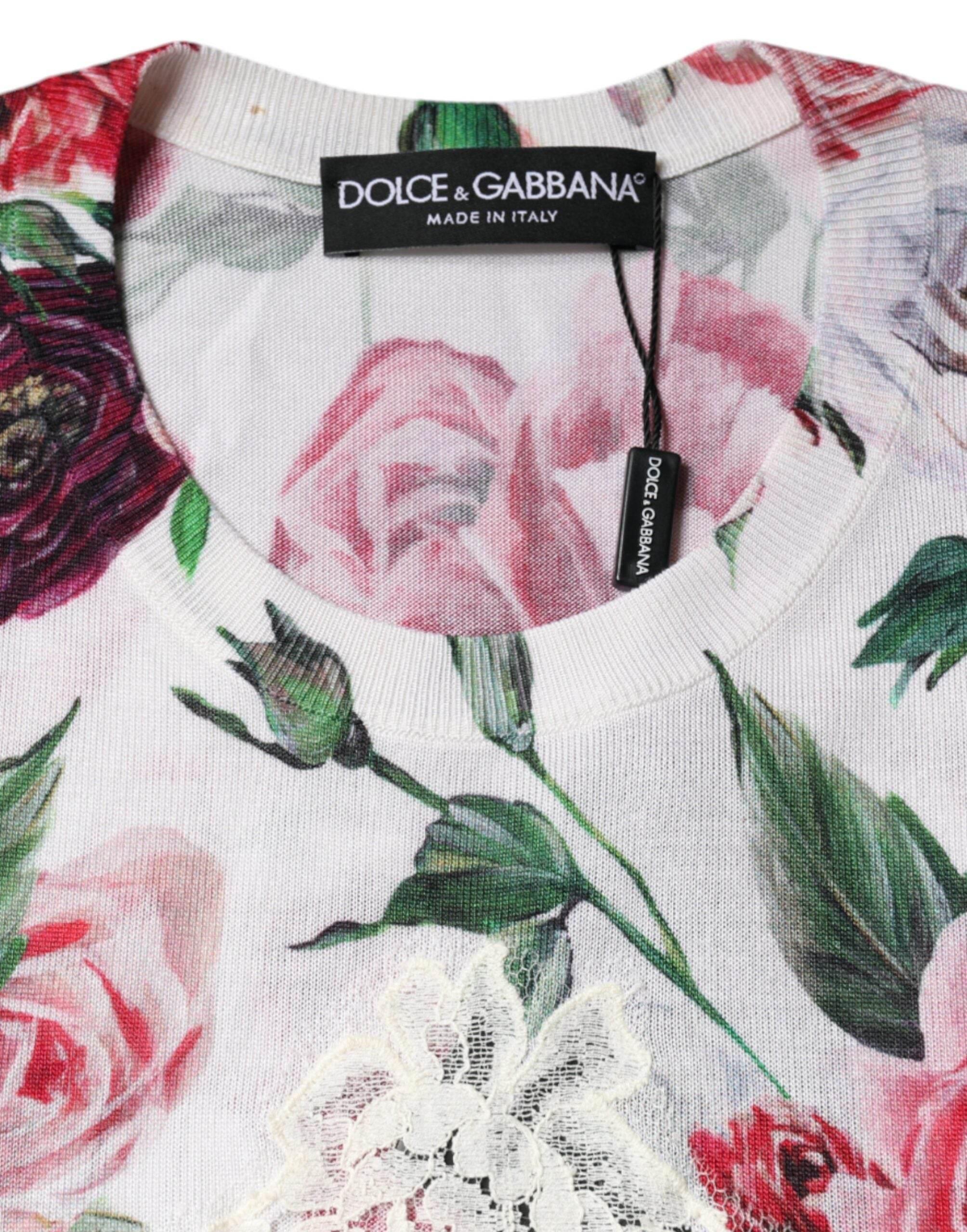 Dolce & Gabbana White Floral Lace Silk Sleeveless Tank Top - Hilstor