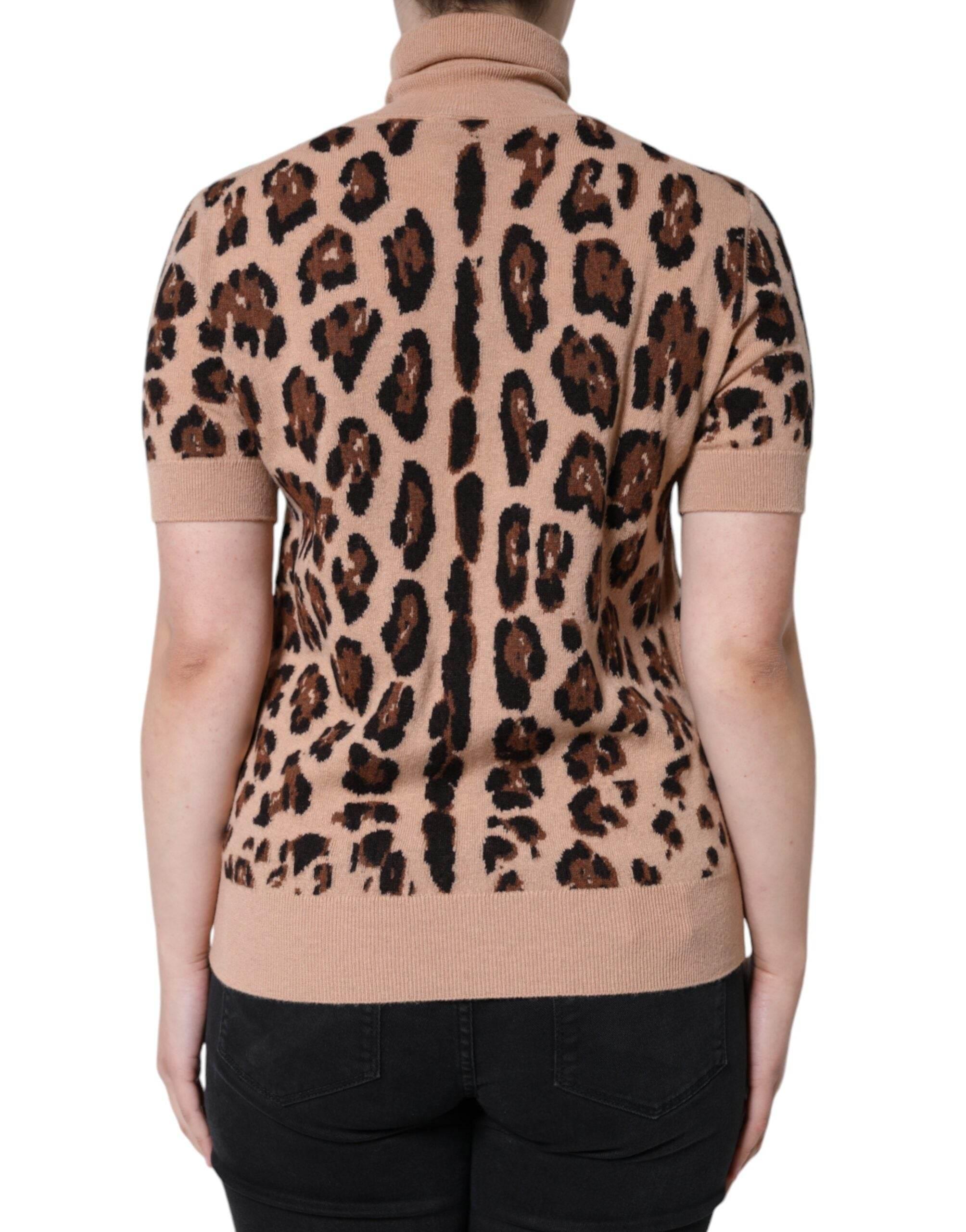 Dolce & Gabbana Beige Leopard Print Wool Turtleneck Top - Hilstor