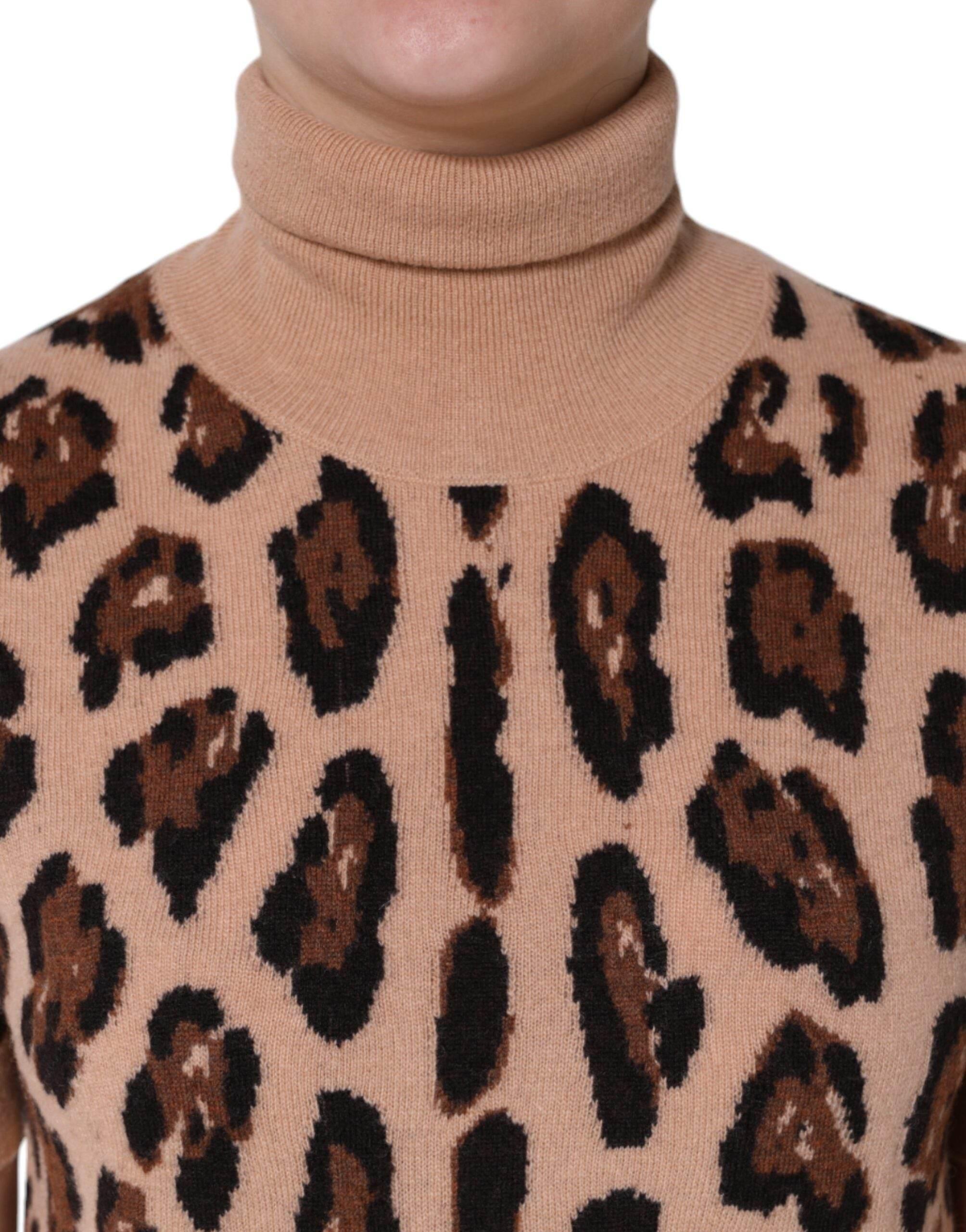 Dolce & Gabbana Beige Leopard Print Wool Turtleneck Top - Hilstor