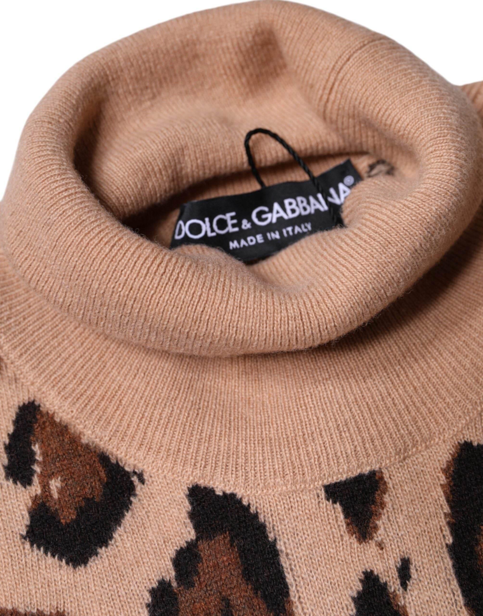 Dolce & Gabbana Beige Leopard Print Wool Turtleneck Top - Hilstor