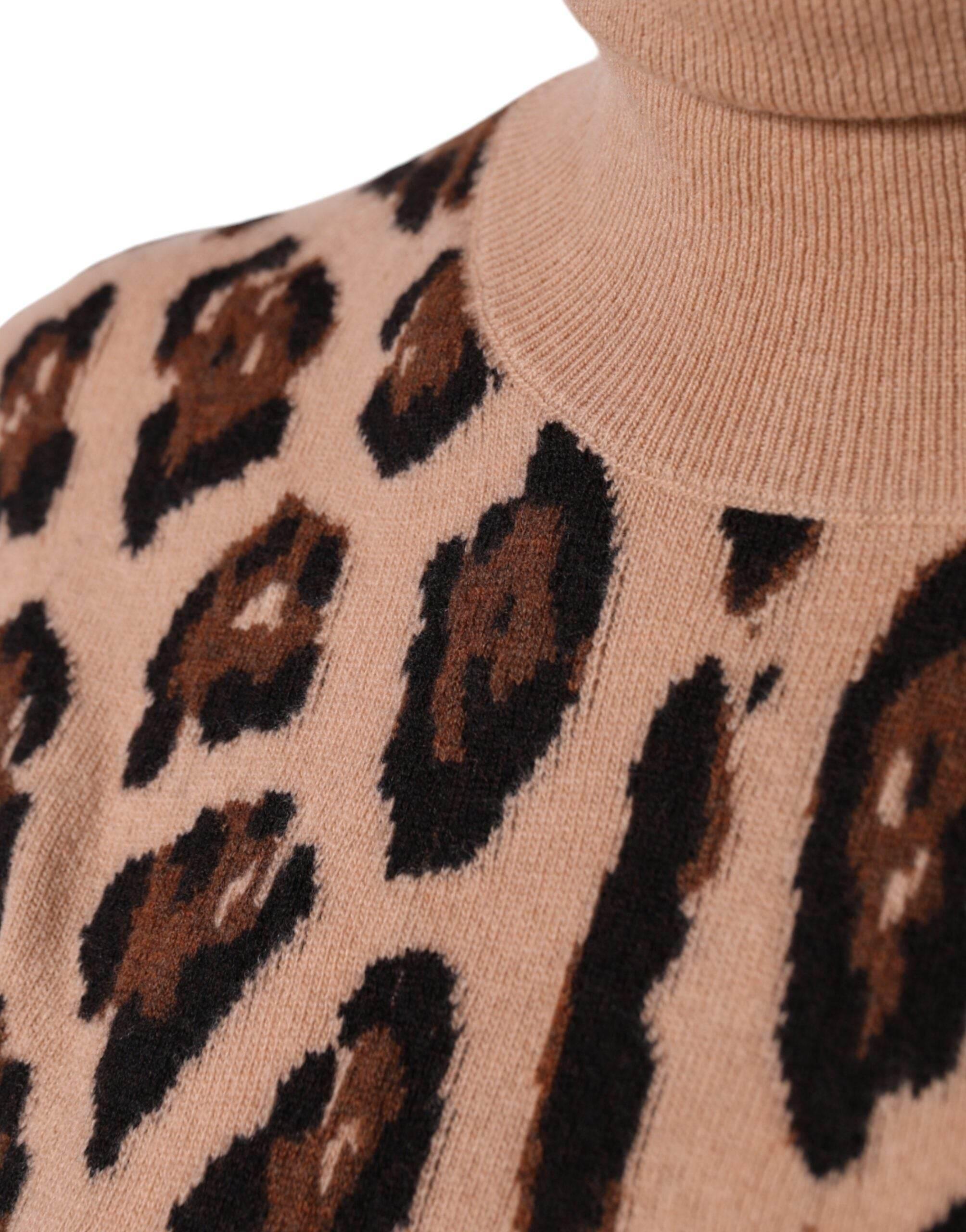 Dolce & Gabbana Beige Leopard Print Wool Turtleneck Top - Hilstor