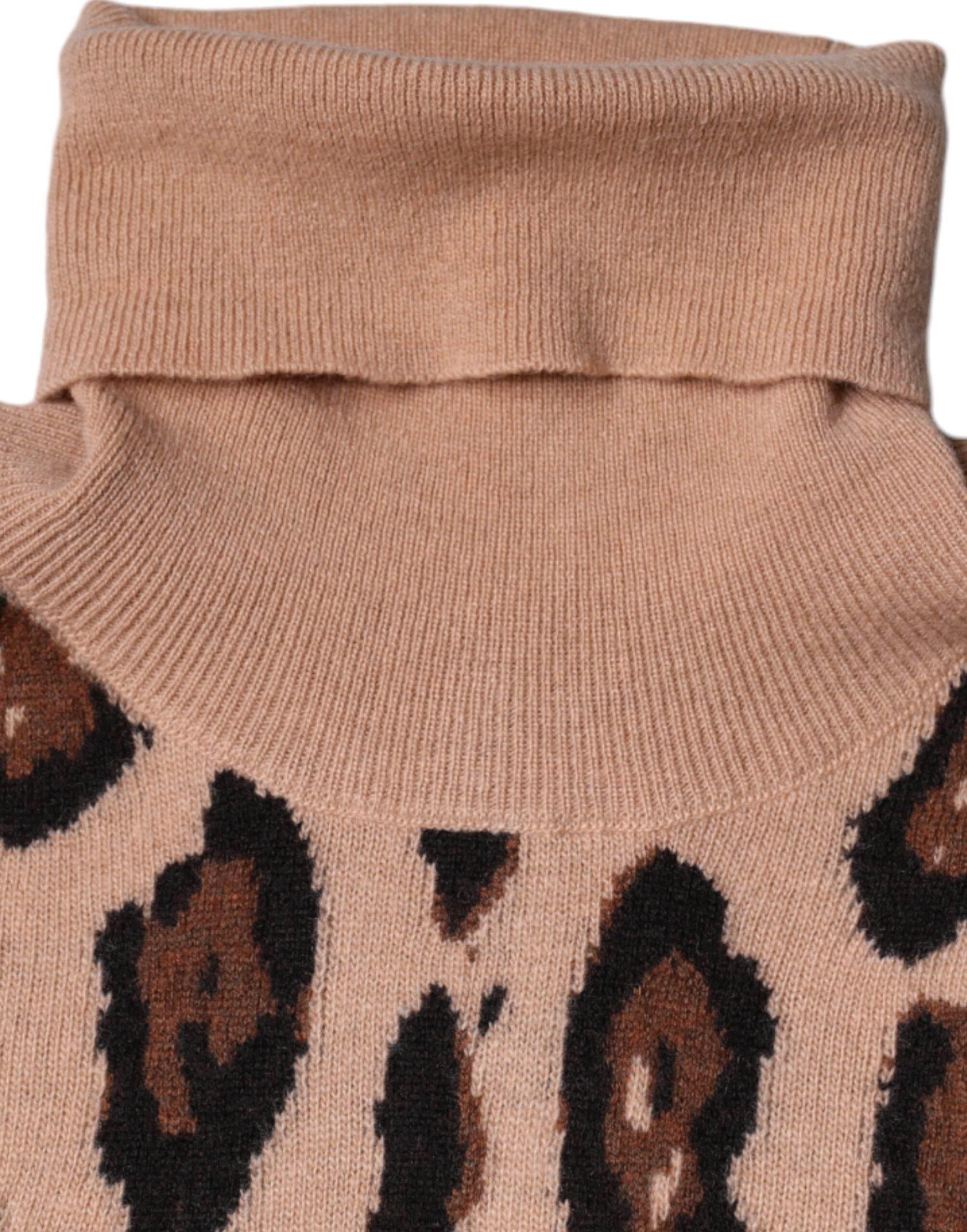 Dolce & Gabbana Beige Leopard Print Wool Turtleneck Top - Hilstor