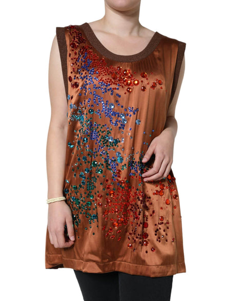 Dolce & Gabbana Brown Crystal Embellished Sleeveless Tank Top - Hilstor