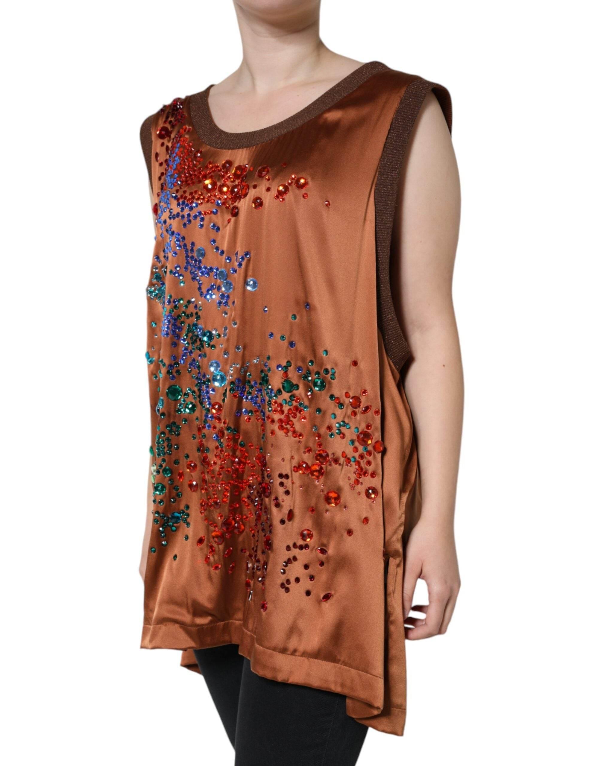 Dolce & Gabbana Brown Crystal Embellished Sleeveless Tank Top - Hilstor