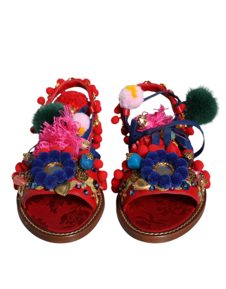 Dolce & Gabbana Multicolor Pom Pom Fur Wrap Sandals Shoes - Hilstor