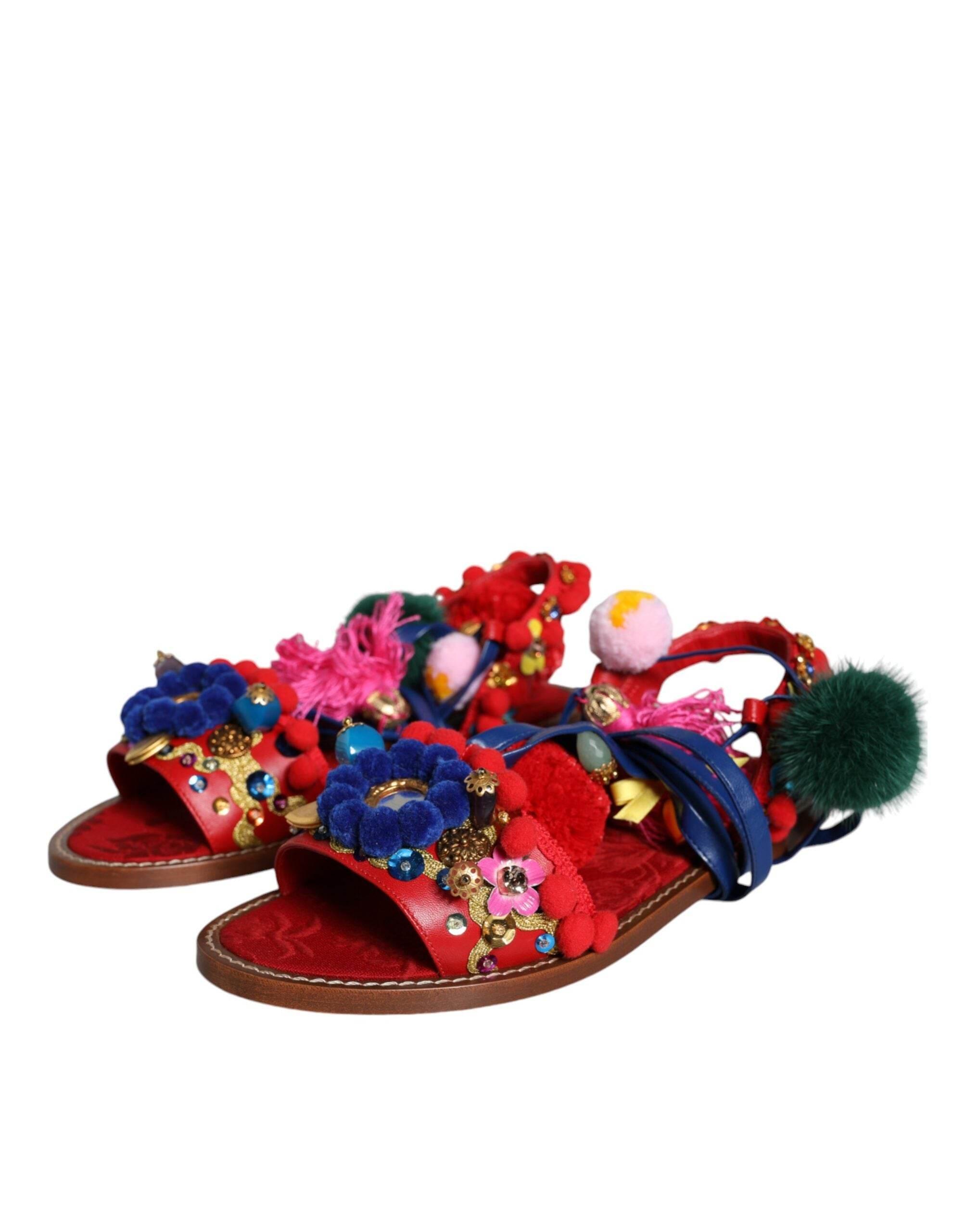 Dolce & Gabbana Multicolor Pom Pom Fur Wrap Sandals Shoes - Hilstor