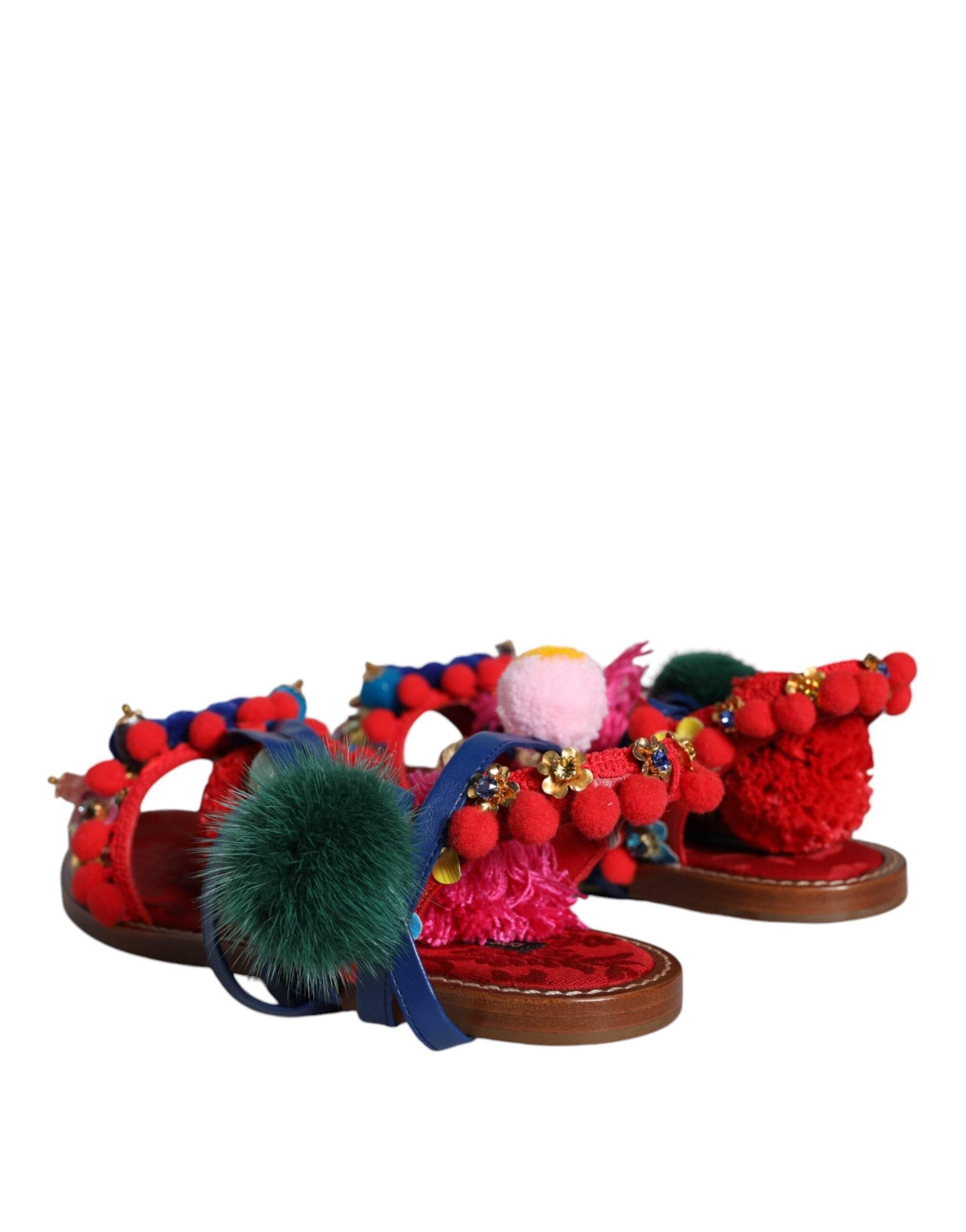 Dolce & Gabbana Multicolor Pom Pom Fur Wrap Sandals Shoes - Hilstor