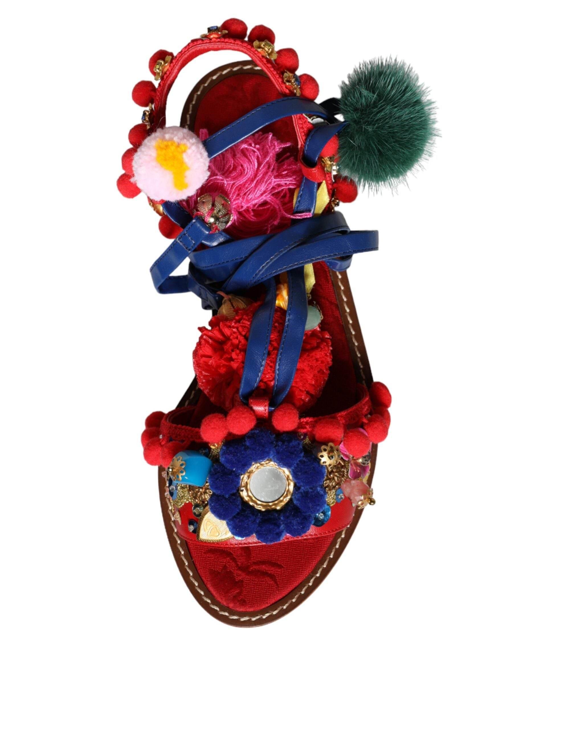 Dolce & Gabbana Multicolor Pom Pom Fur Wrap Sandals Shoes - Hilstor