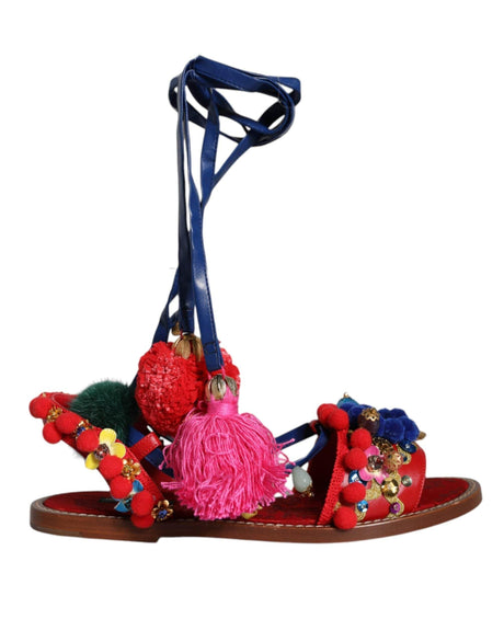 Dolce & Gabbana Multicolor Pom Pom Fur Wrap Sandals Shoes - Hilstor