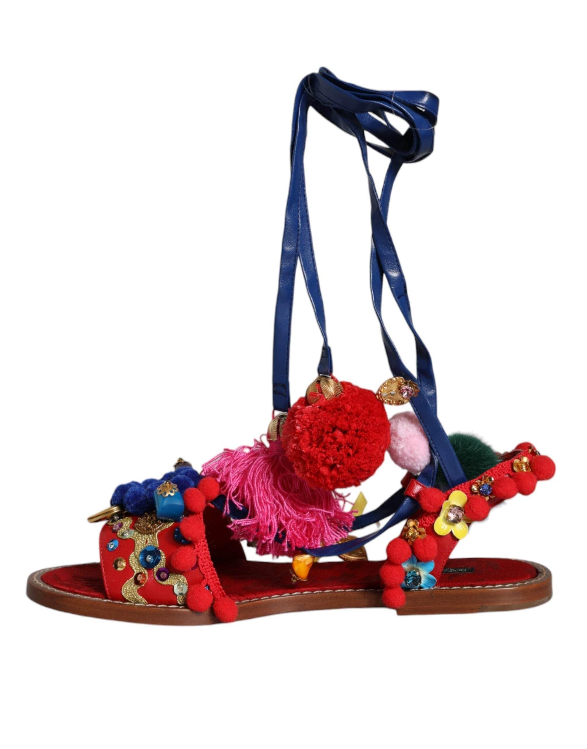 Dolce & Gabbana Multicolor Pom Pom Fur Wrap Sandals Shoes - Hilstor