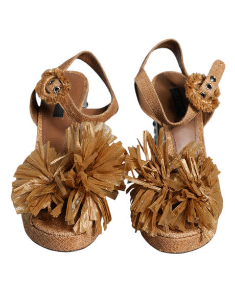Dolce & Gabbana Brown Raffia Ankle Strap Crystal Sandals Shoes - Hilstor