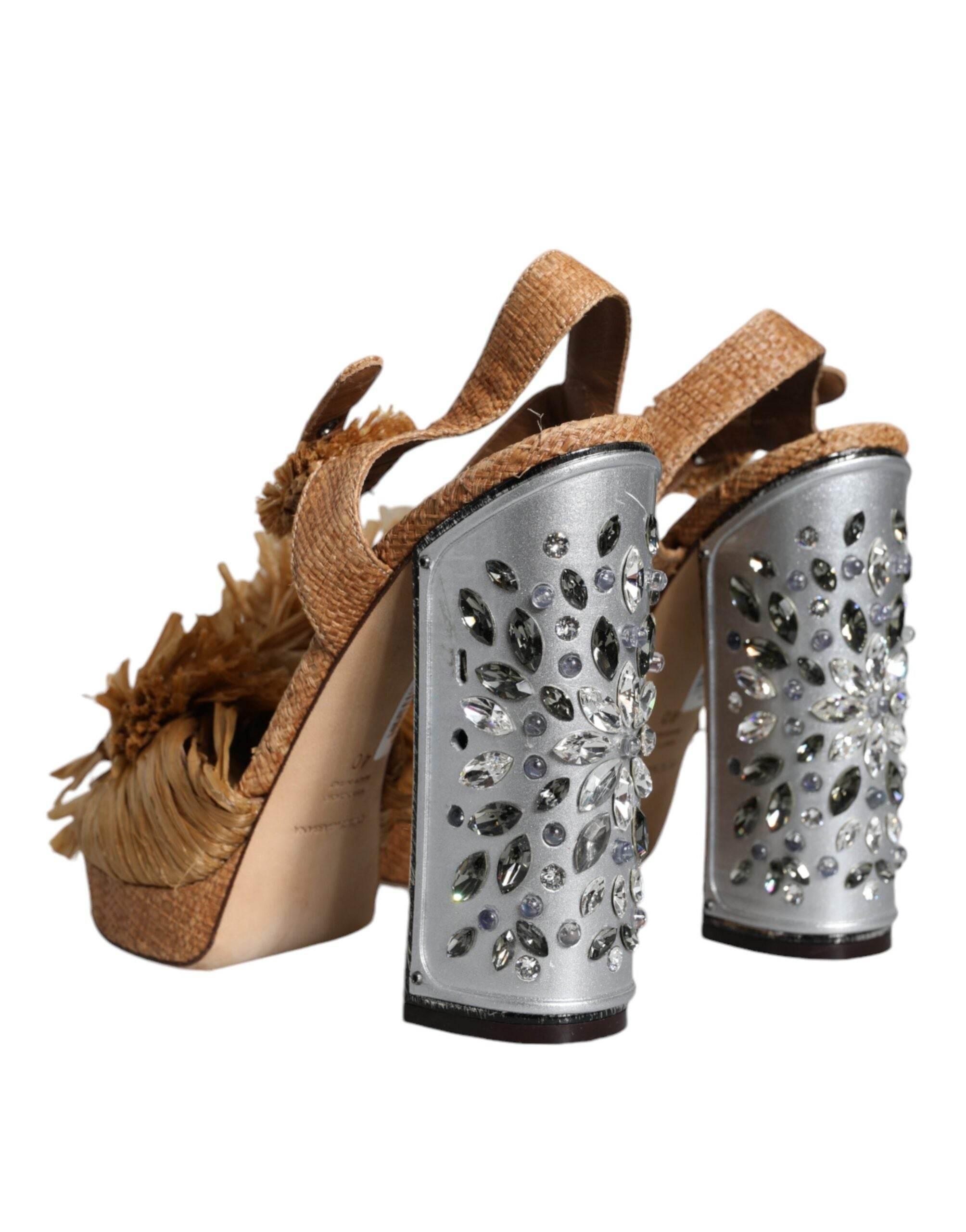Dolce & Gabbana Brown Raffia Ankle Strap Crystal Sandals Shoes - Hilstor