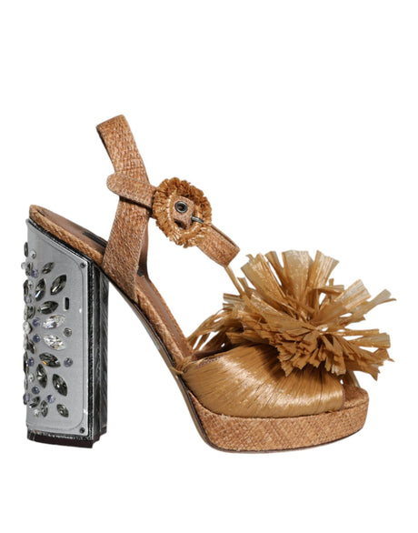 Dolce & Gabbana Brown Raffia Ankle Strap Crystal Sandals Shoes - Hilstor