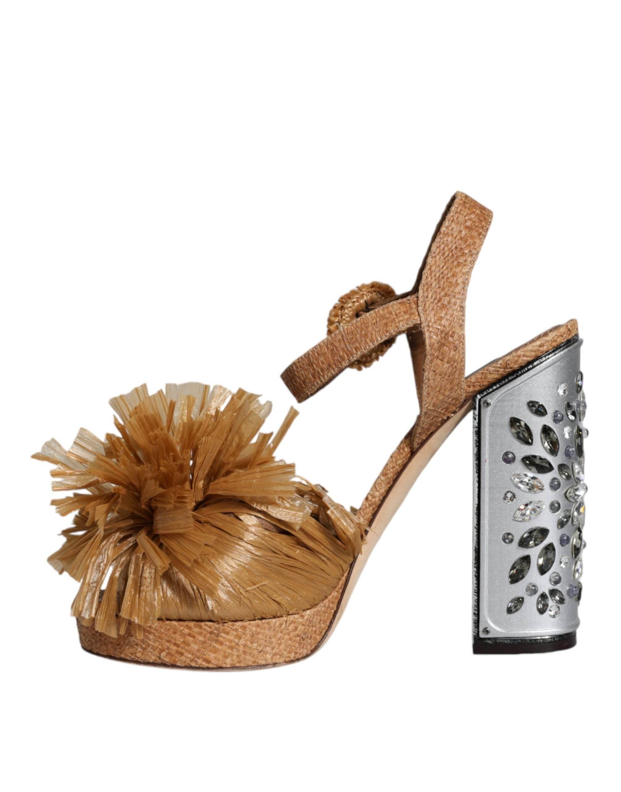 Dolce & Gabbana Brown Raffia Ankle Strap Crystal Sandals Shoes - Hilstor