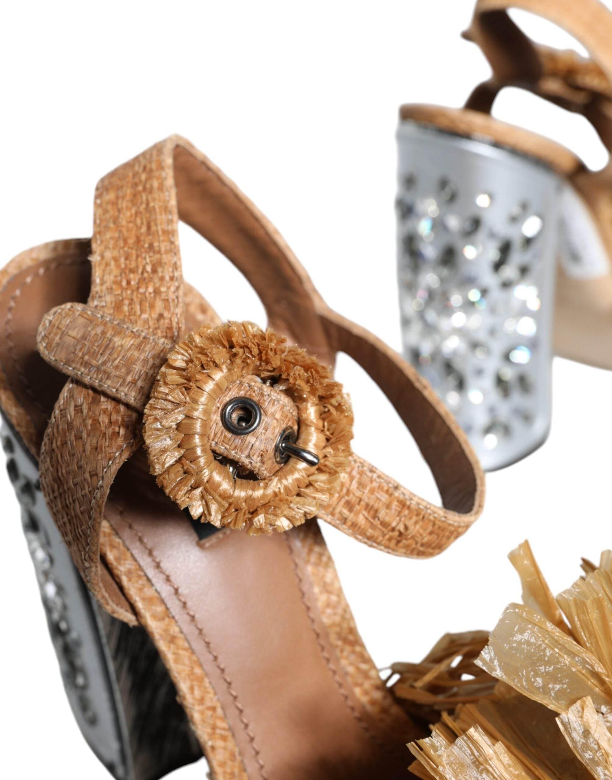 Dolce & Gabbana Brown Raffia Ankle Strap Crystal Sandals Shoes - Hilstor