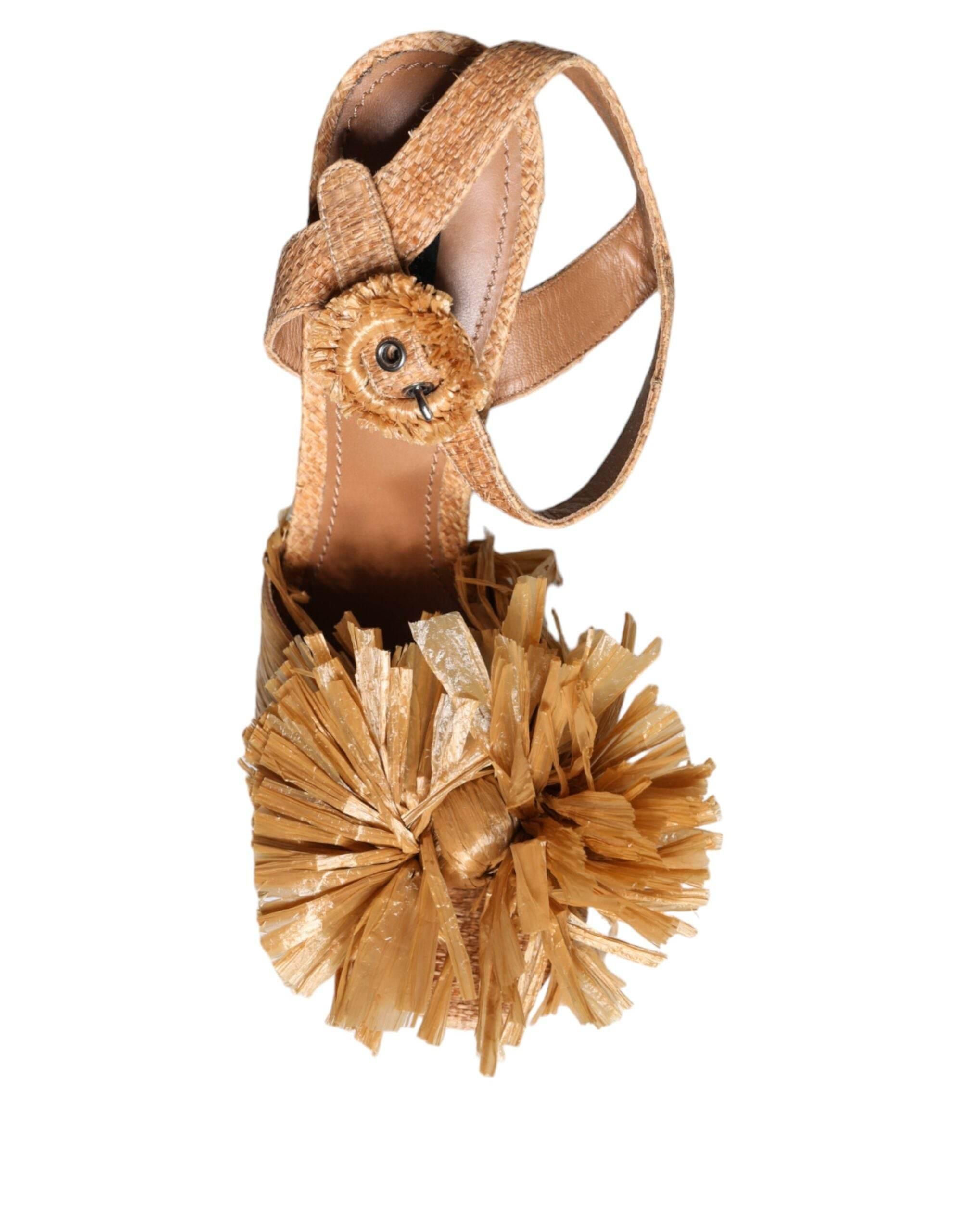 Dolce & Gabbana Brown Raffia Ankle Strap Crystal Sandals Shoes - Hilstor