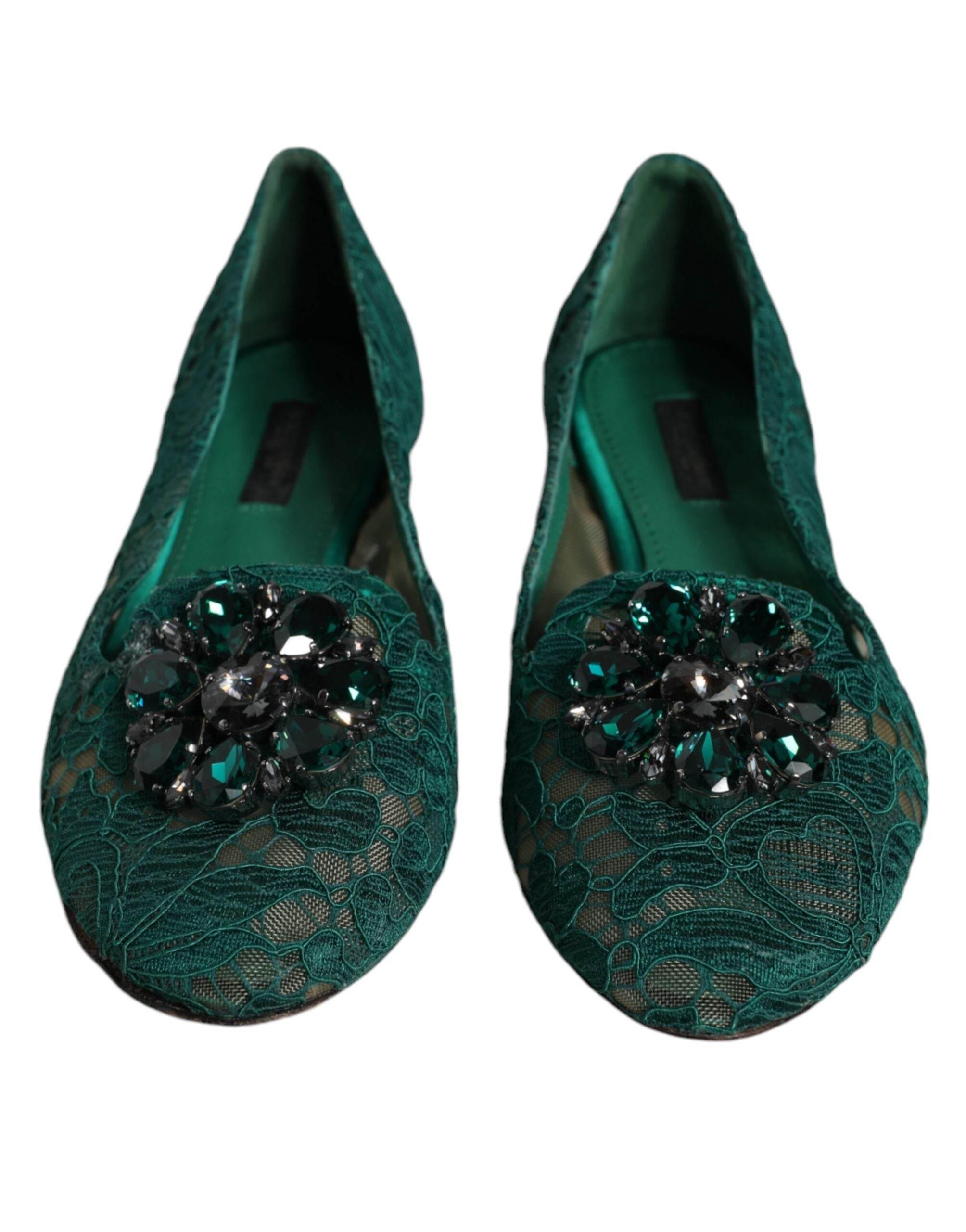 Dolce & Gabbana Green Lace Crystal Ballet Flats Loafers Shoes - Hilstor
