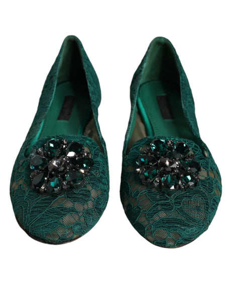 Dolce & Gabbana Green Lace Crystal Ballet Flats Loafers Shoes - Hilstor