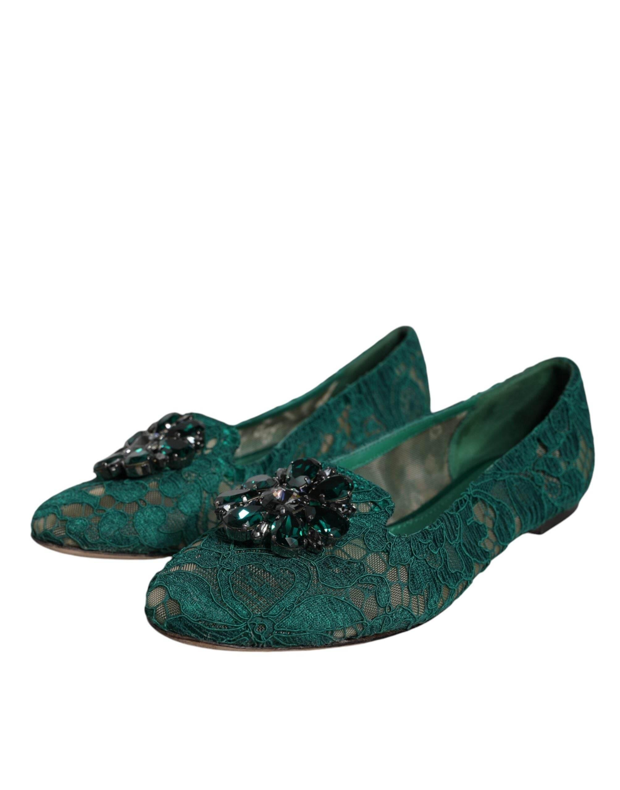 Dolce & Gabbana Green Lace Crystal Ballet Flats Loafers Shoes - Hilstor