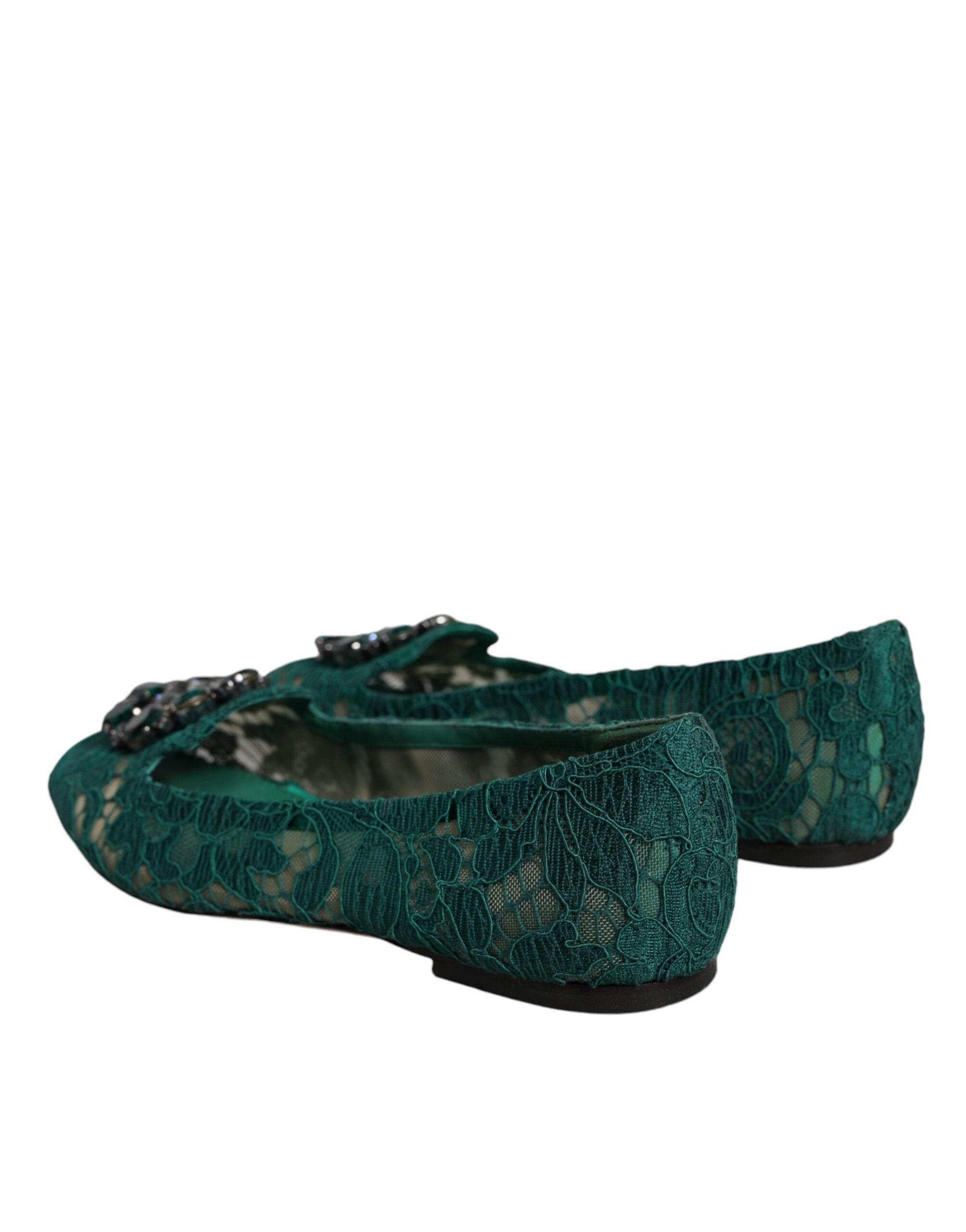 Dolce & Gabbana Green Lace Crystal Ballet Flats Loafers Shoes - Hilstor