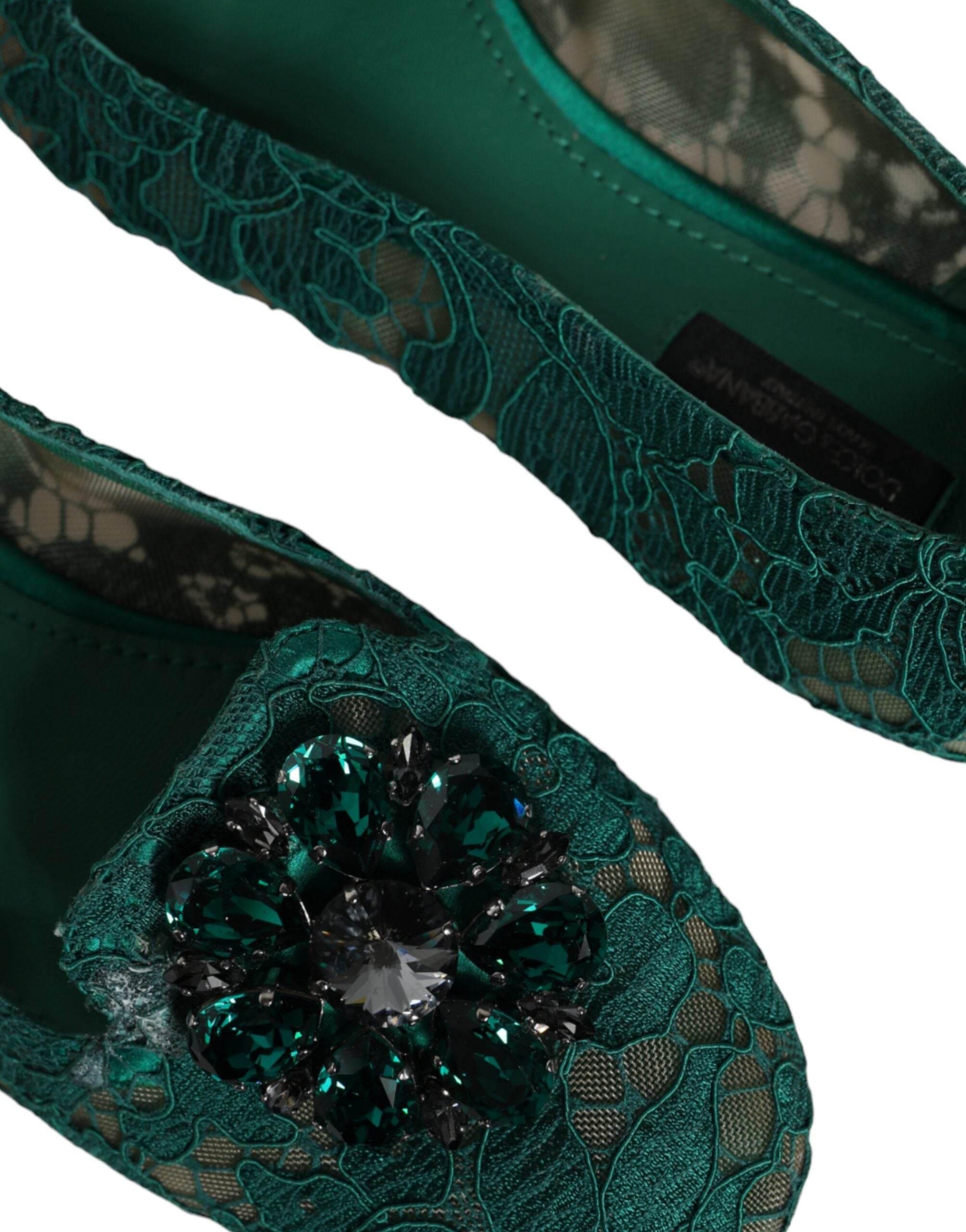 Dolce & Gabbana Green Lace Crystal Ballet Flats Loafers Shoes - Hilstor