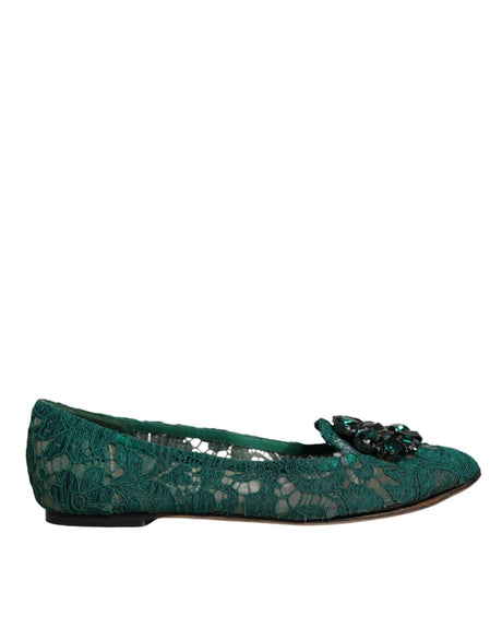 Dolce & Gabbana Green Lace Crystal Ballet Flats Loafers Shoes - Hilstor