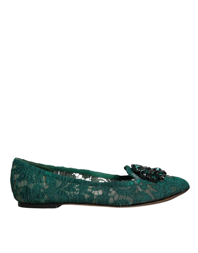 Dolce & Gabbana Green Lace Crystal Ballet Flats Loafers Shoes - Hilstor