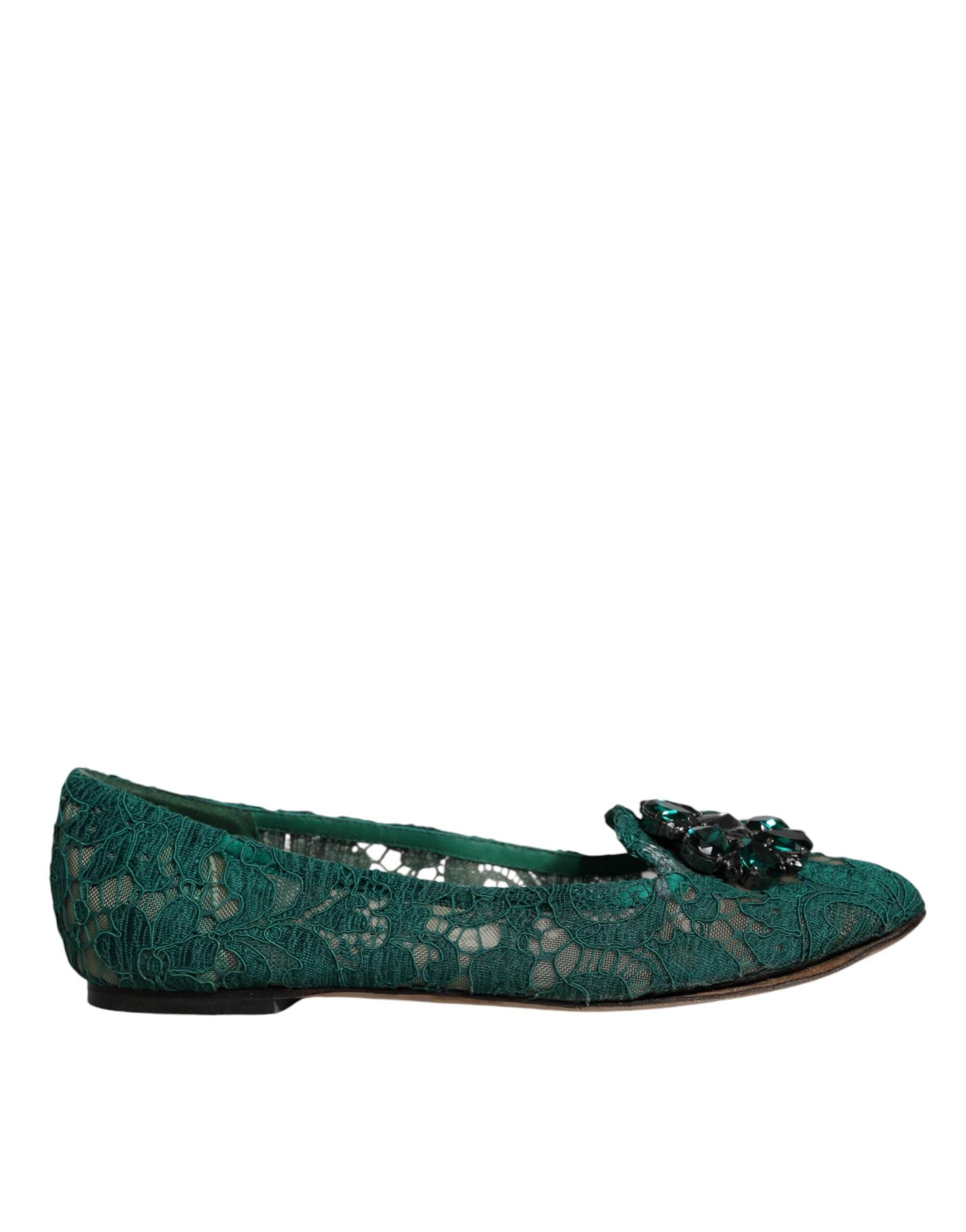Dolce & Gabbana Green Lace Crystal Ballet Flats Loafers Shoes - Hilstor