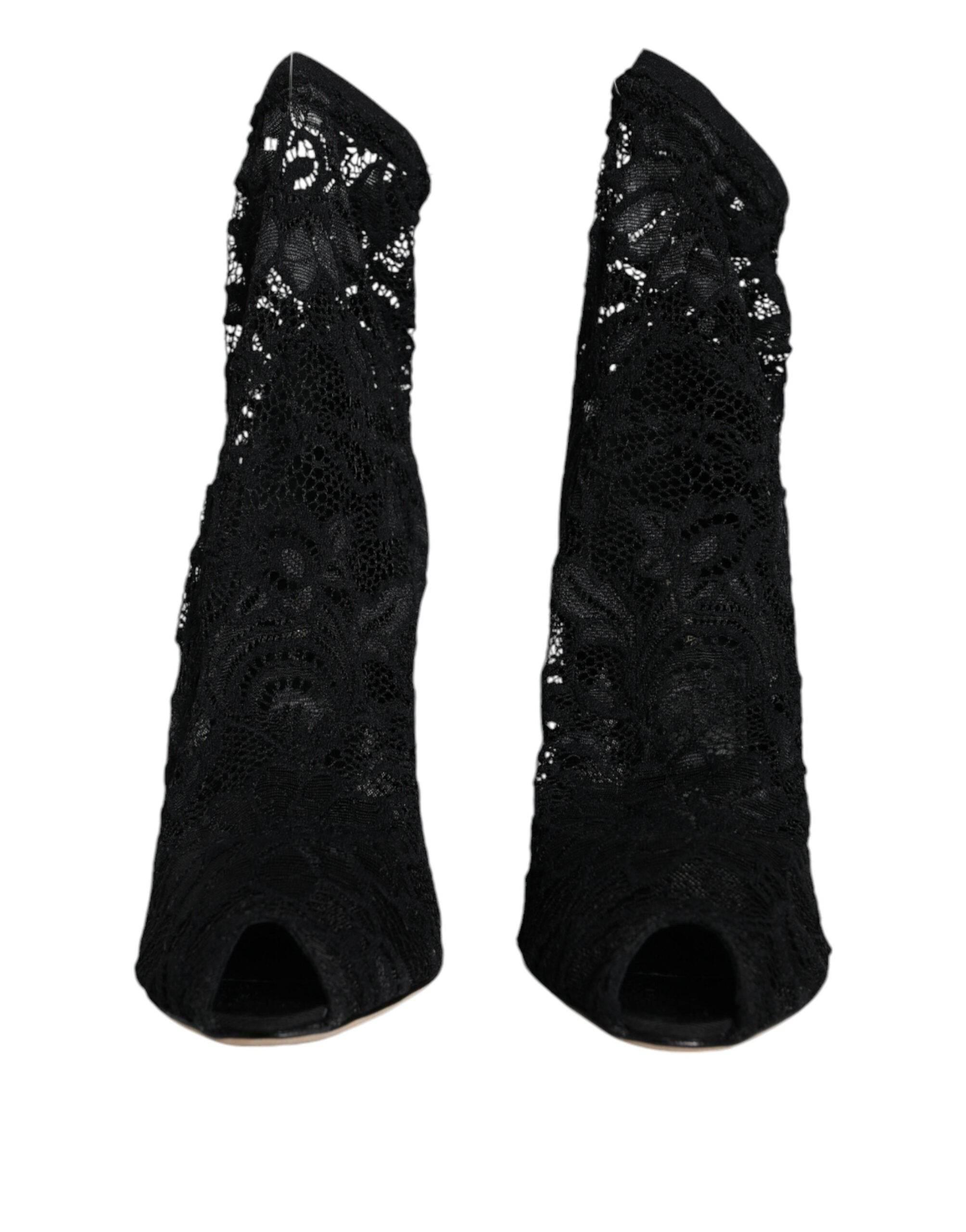 Dolce & Gabbana Black Lace Stretch Heels Mid Calf Boot Shoes - Hilstor