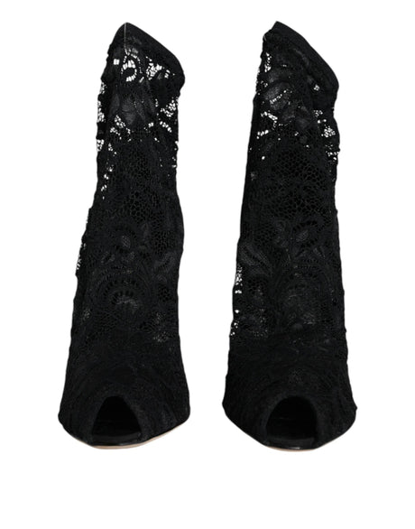 Dolce & Gabbana Black Lace Stretch Heels Mid Calf Boot Shoes - Hilstor