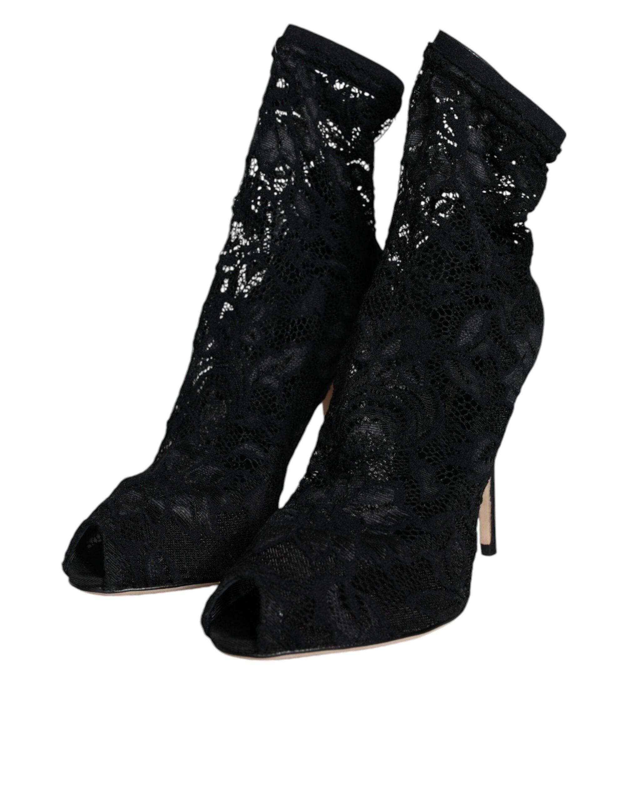 Dolce & Gabbana Black Lace Stretch Heels Mid Calf Boot Shoes - Hilstor