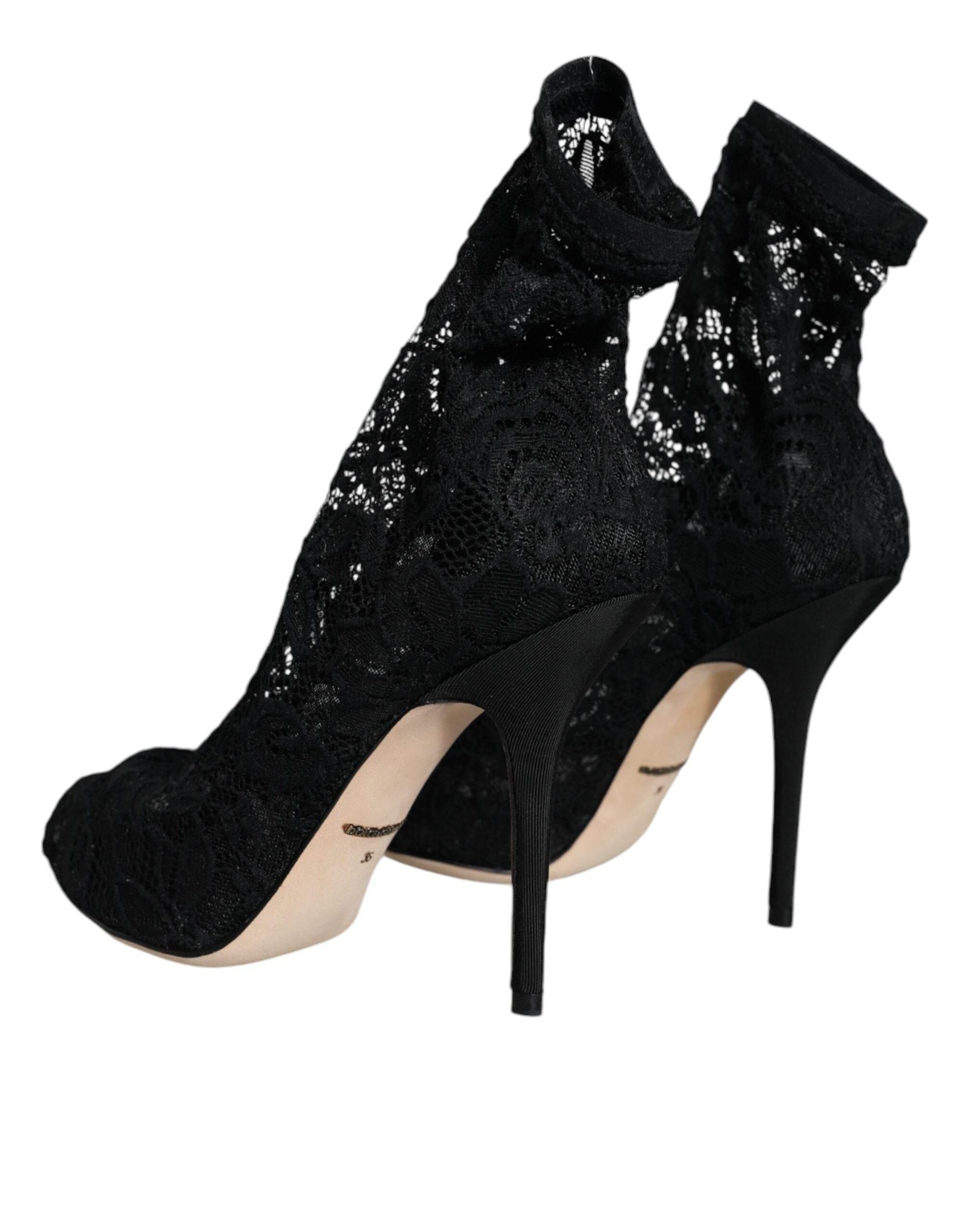 Dolce & Gabbana Black Lace Stretch Heels Mid Calf Boot Shoes - Hilstor