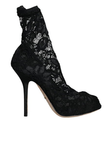 Dolce & Gabbana Black Lace Stretch Heels Mid Calf Boot Shoes - Hilstor