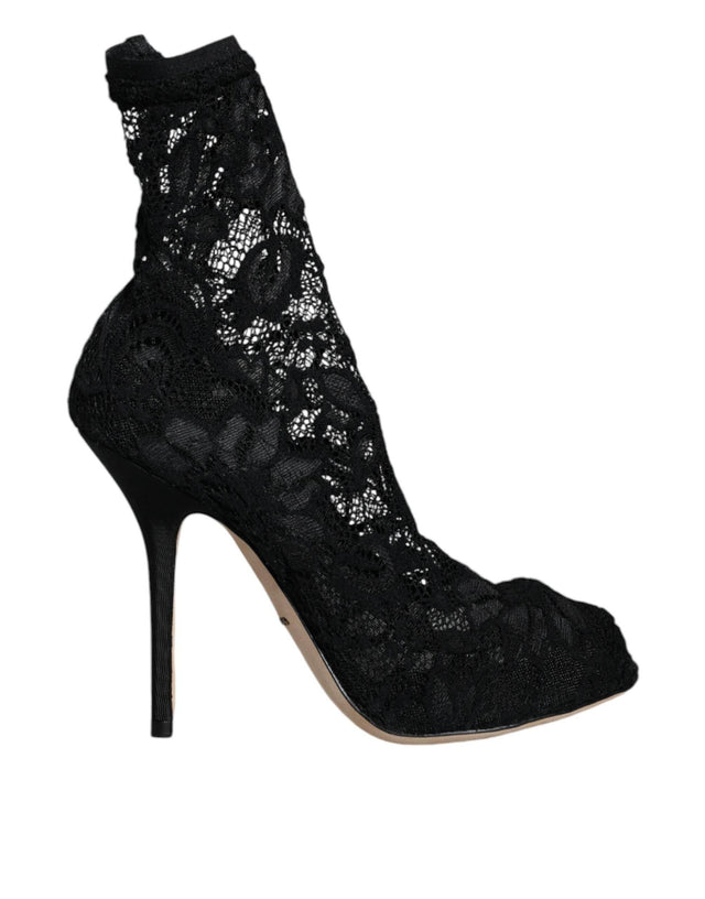 Dolce & Gabbana Black Lace Stretch Heels Mid Calf Boot Shoes - Hilstor