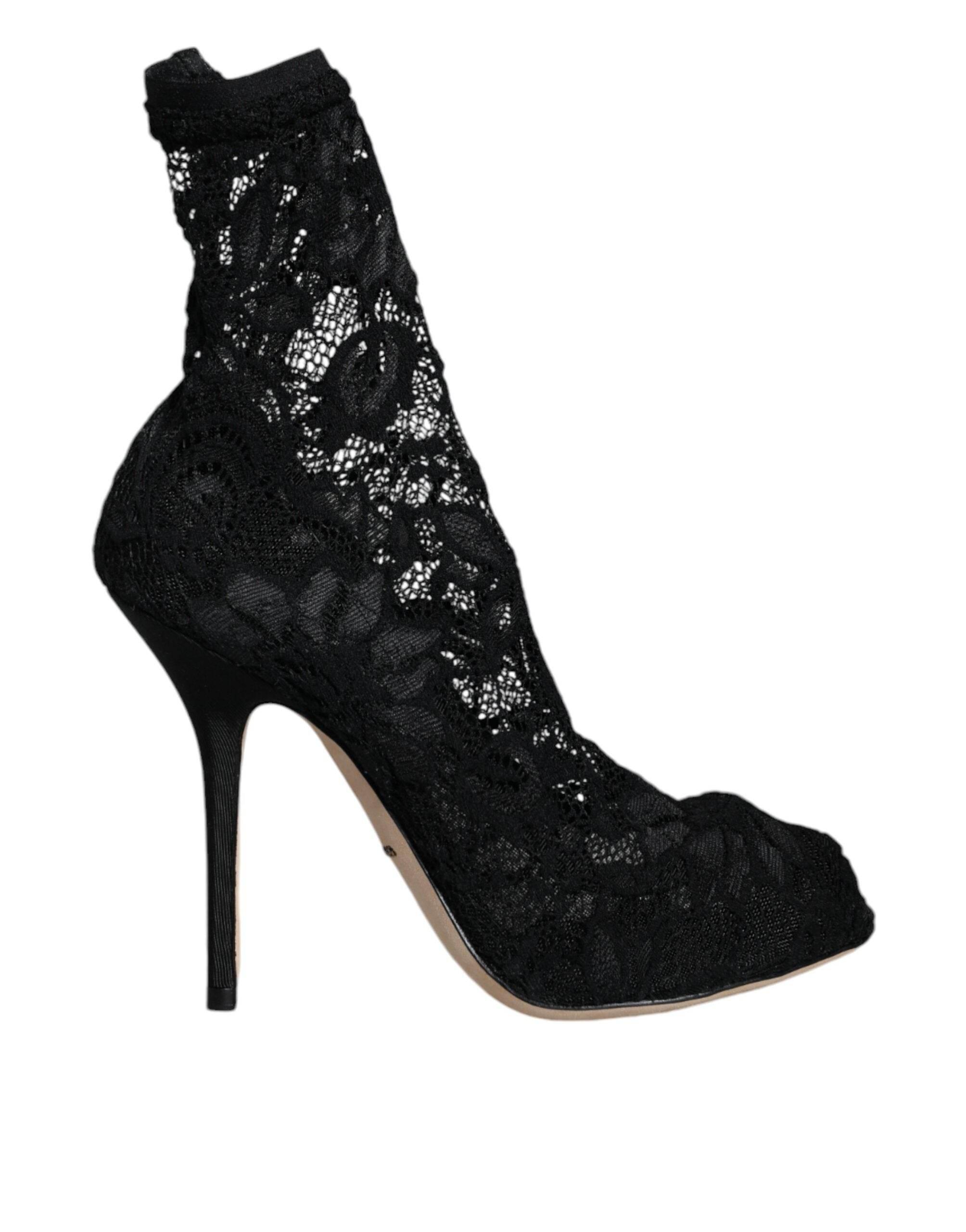 Dolce & Gabbana Black Lace Stretch Heels Mid Calf Boot Shoes - Hilstor