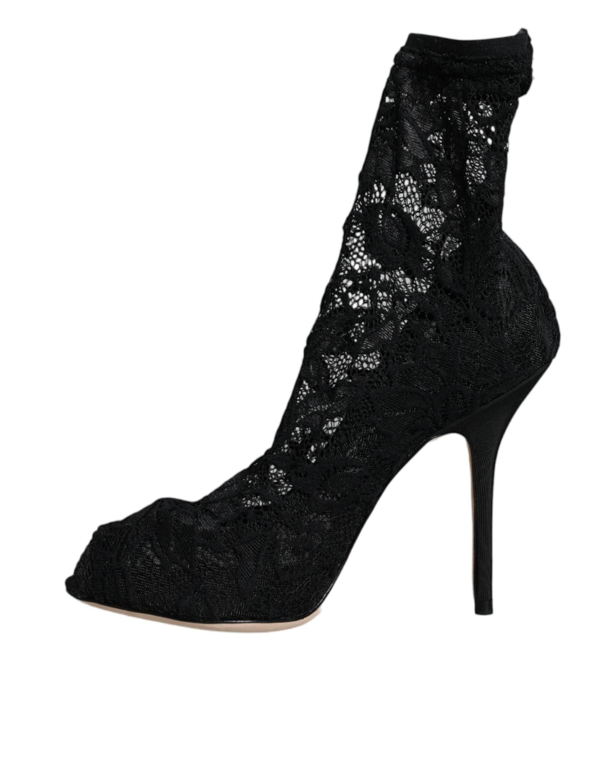 Dolce & Gabbana Black Lace Stretch Heels Mid Calf Boot Shoes - Hilstor