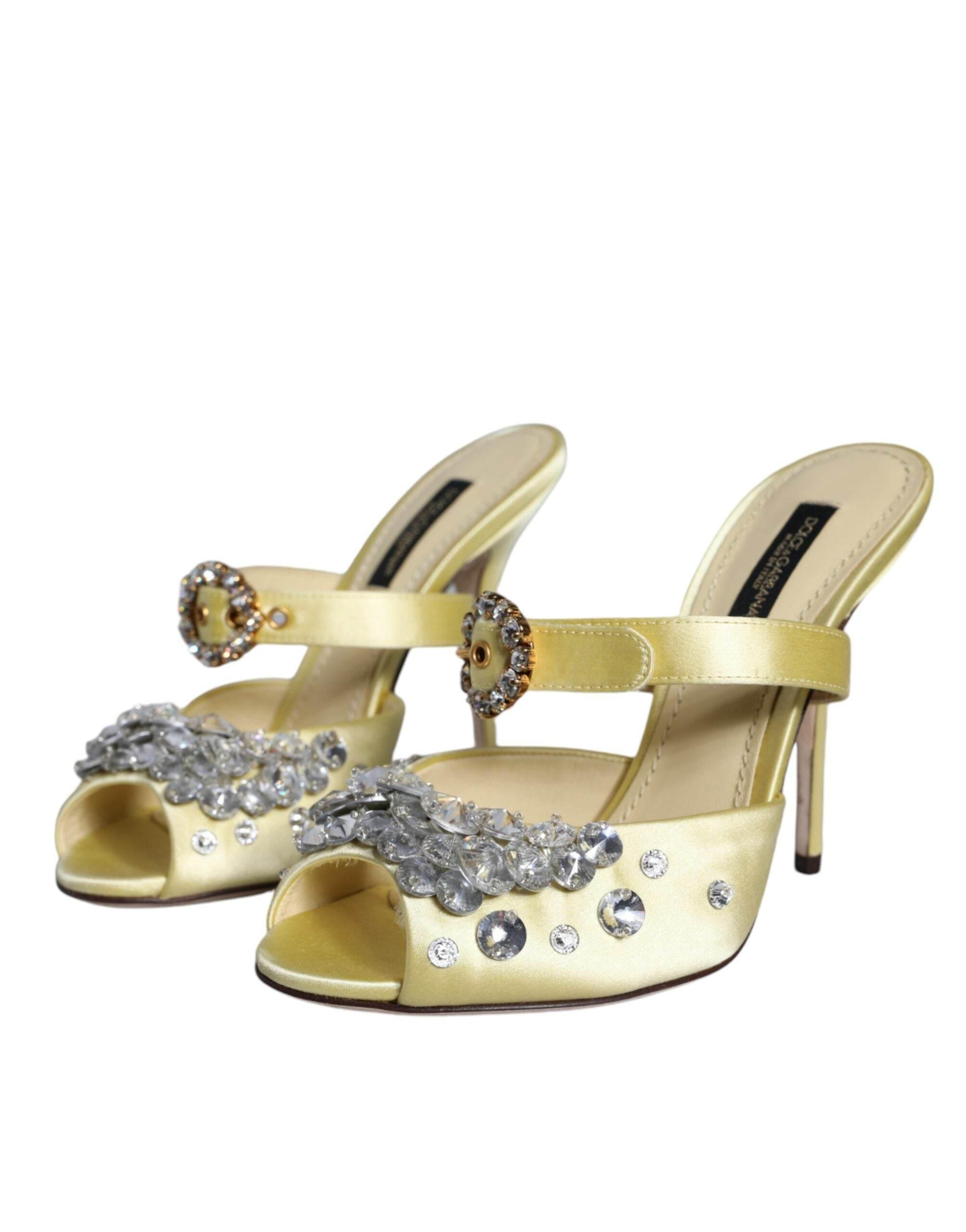 Dolce & Gabbana Yellow Mary Janes Satin Crystal Sandals Shoes - Hilstor