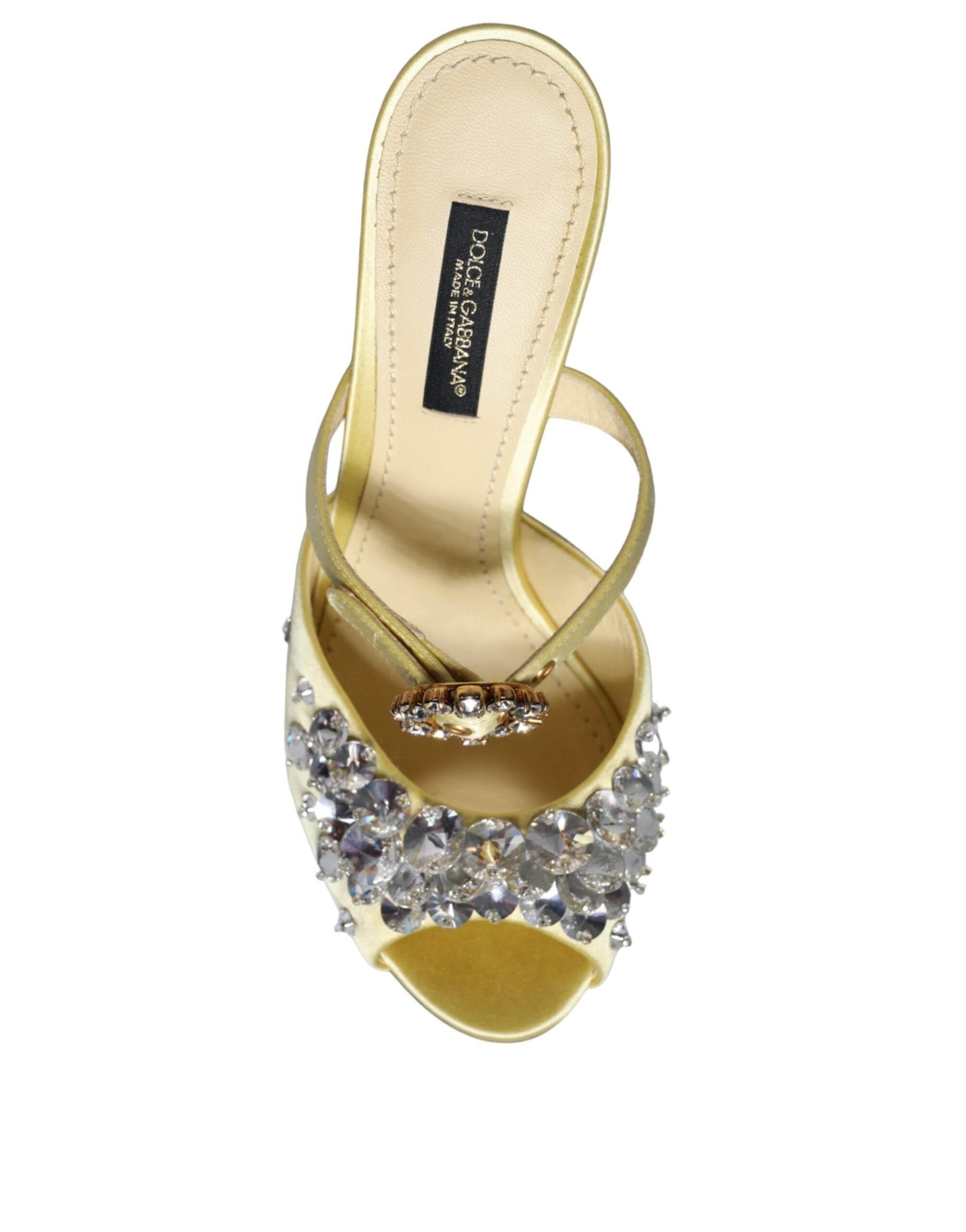 Dolce & Gabbana Yellow Mary Janes Satin Crystal Sandals Shoes - Hilstor