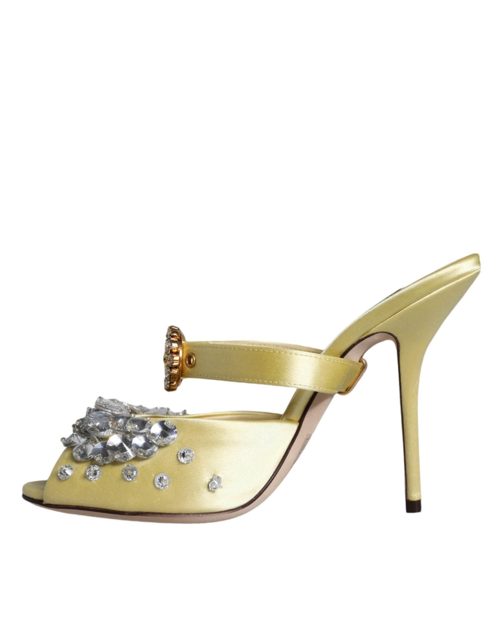 Dolce & Gabbana Yellow Mary Janes Satin Crystal Sandals Shoes - Hilstor