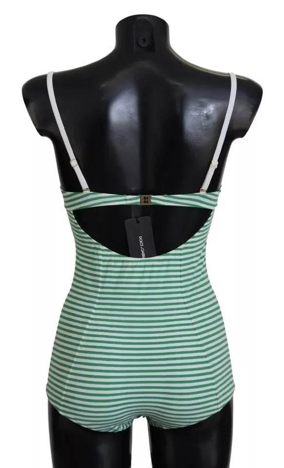 Dolce & Gabbana White Green Stripes One Piece Beachwear Swimwear - Hilstor