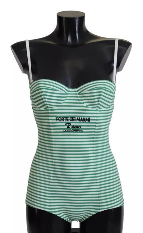 Dolce & Gabbana White Green Stripes One Piece Beachwear Swimwear - Hilstor