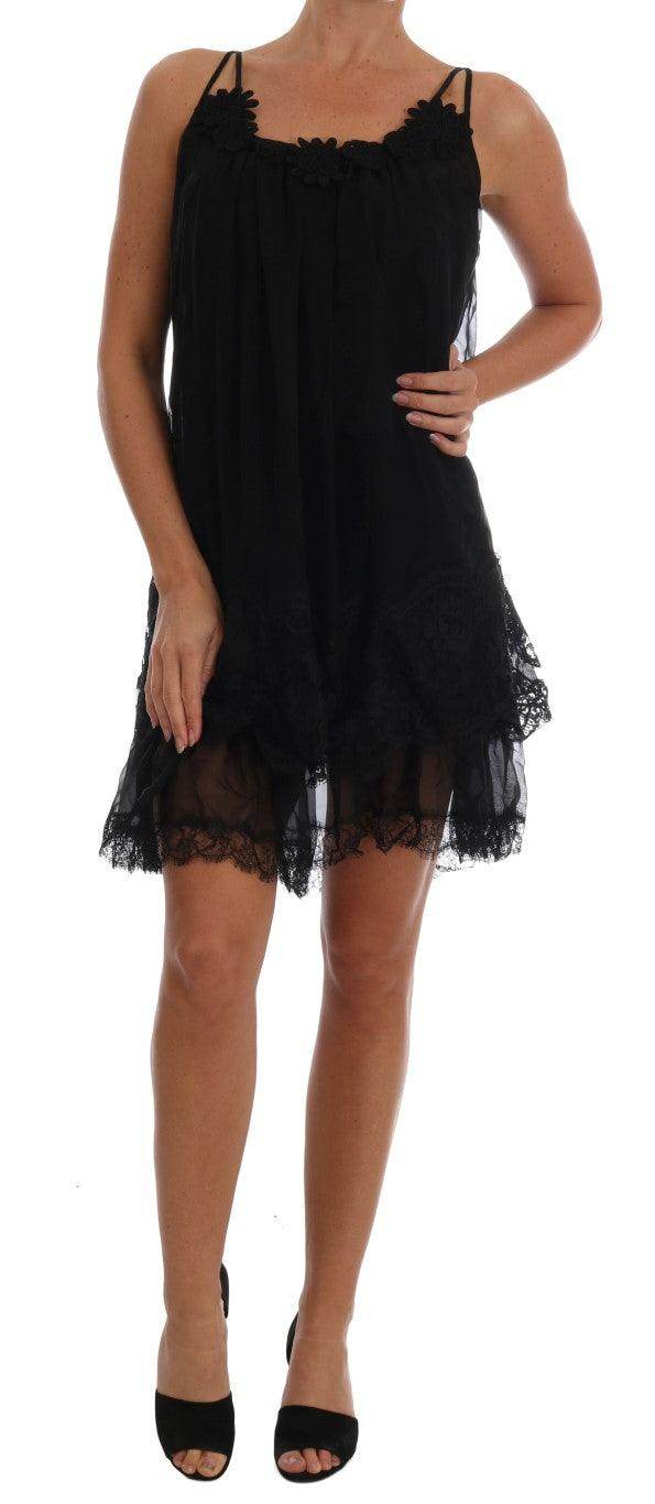 Dolce & Gabbana Elegant Black Silk Lace Chemise Dress - Hilstor