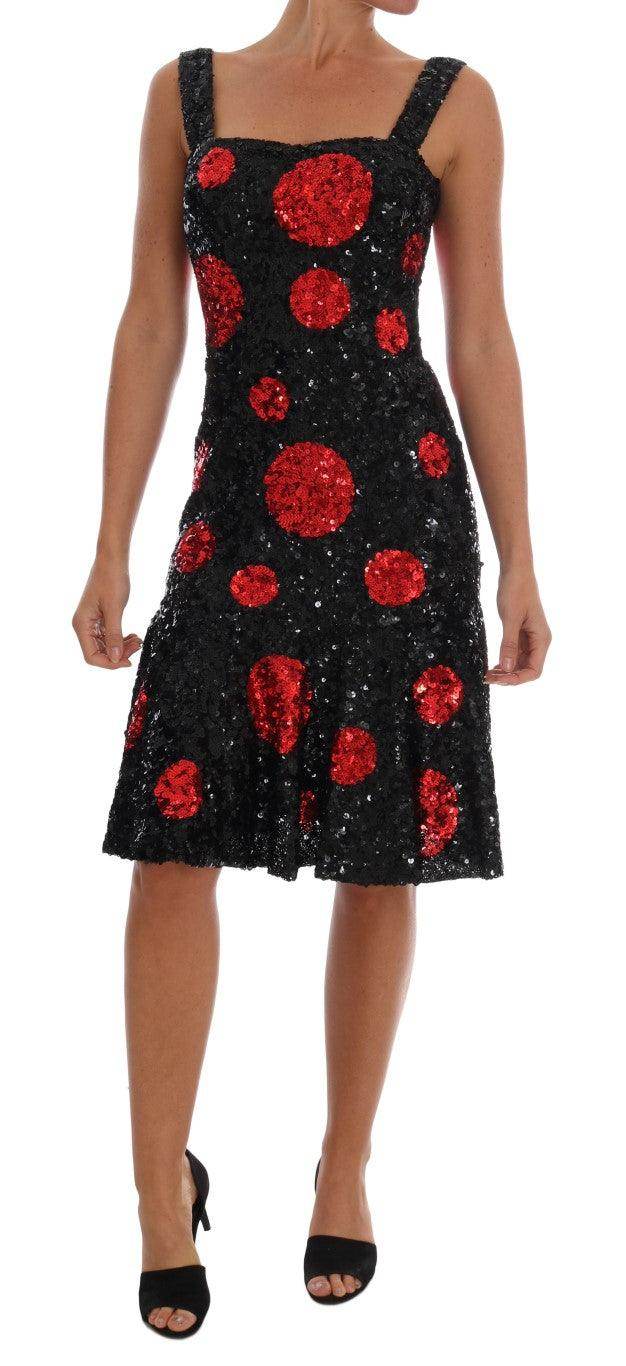 Dolce & Gabbana Black Red Polka Sequined Shift Dress - Hilstor