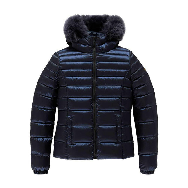 Refrigiwear Blue Nylon Women Jacket with Feather Padding and Fur Hood - Hilstor