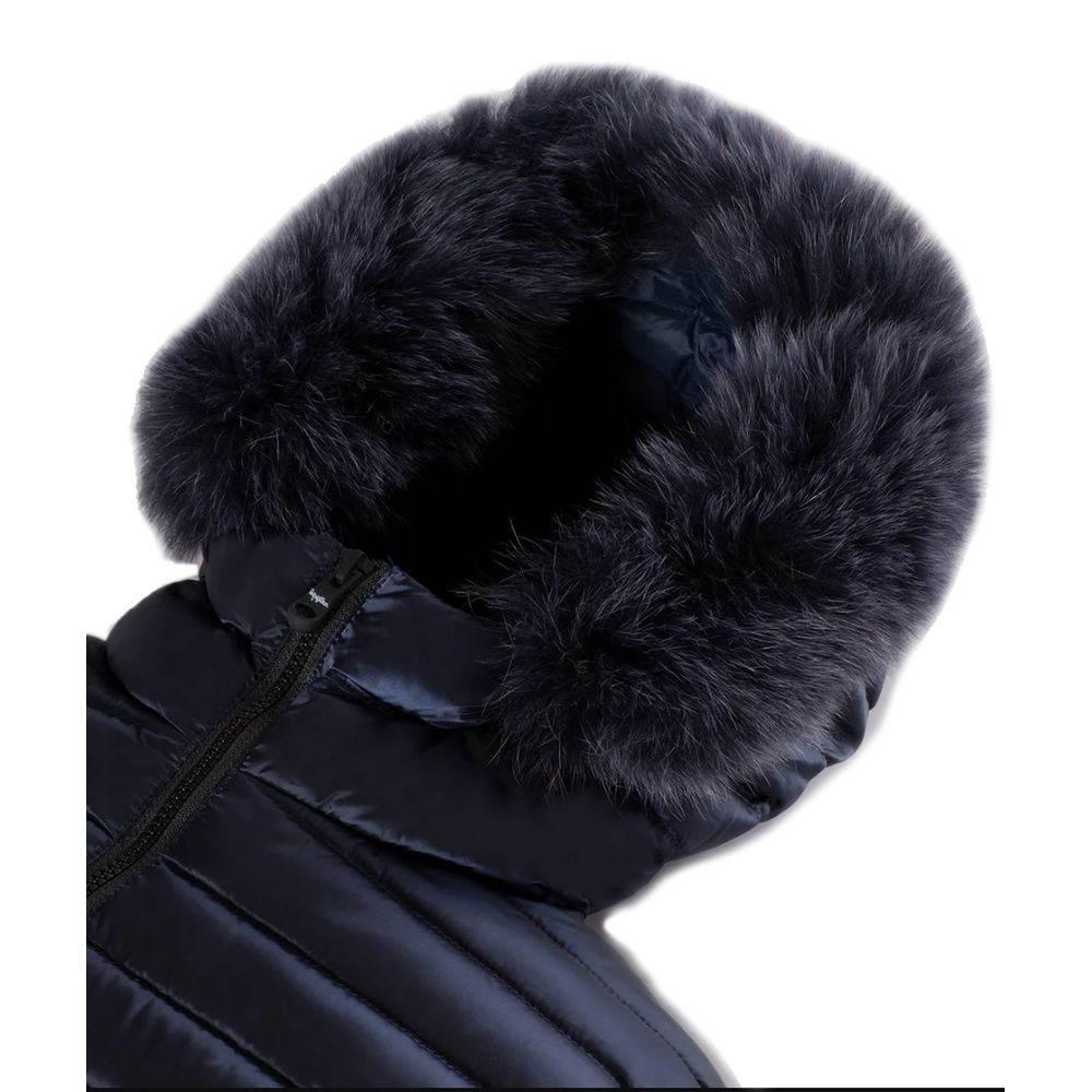 Refrigiwear Blue Nylon Women Jacket with Feather Padding and Fur Hood - Hilstor