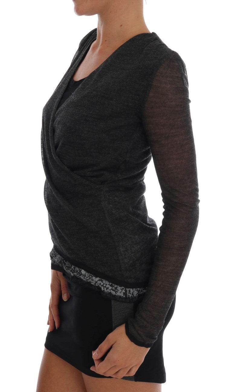 Ermanno Scervino Gray Wool Lace Top Long Sleeved T-shirt - Hilstor