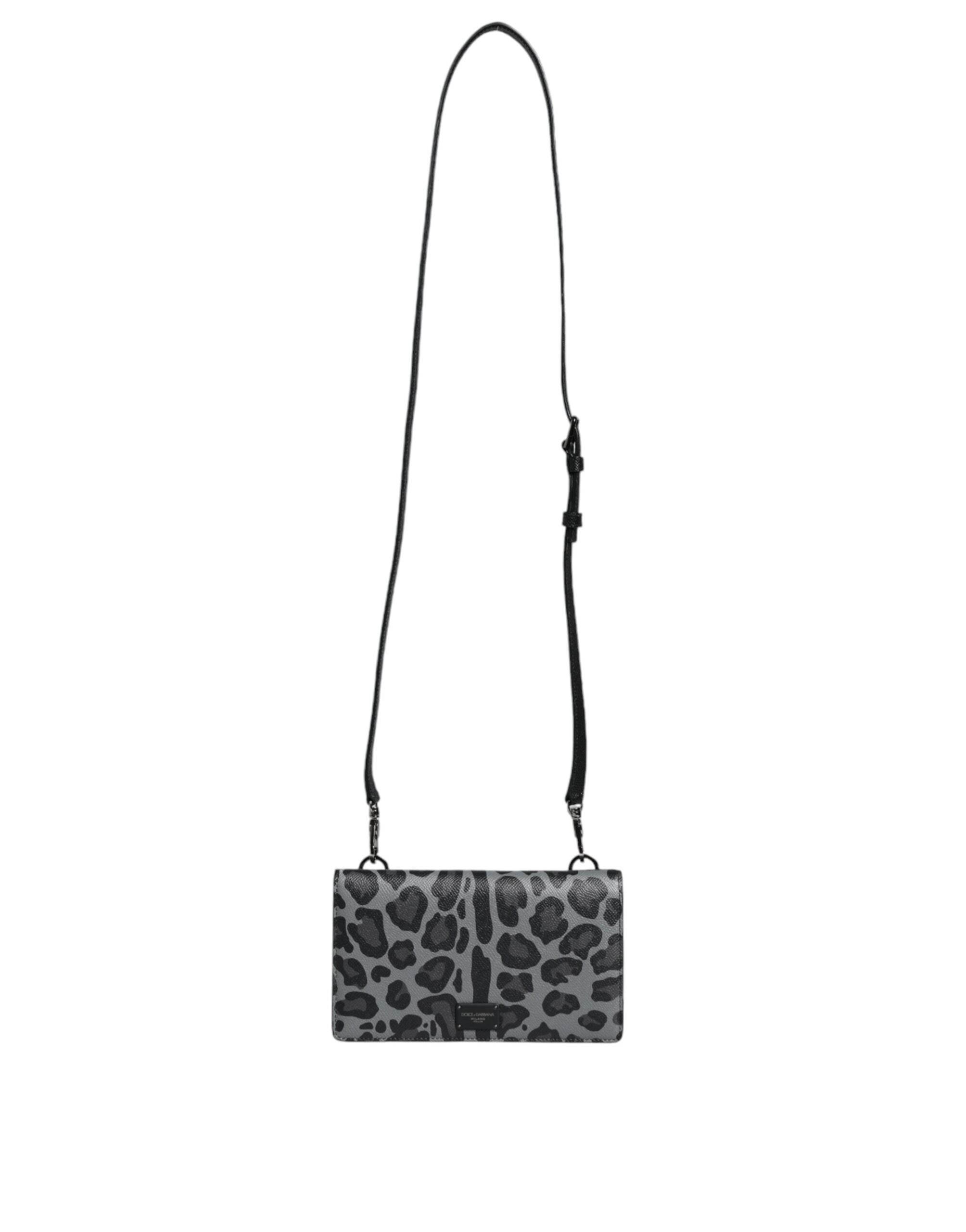 Dolce & Gabbana Black Gray Leopard Leather Bifold Card Slot Crossbody Bag - Hilstor