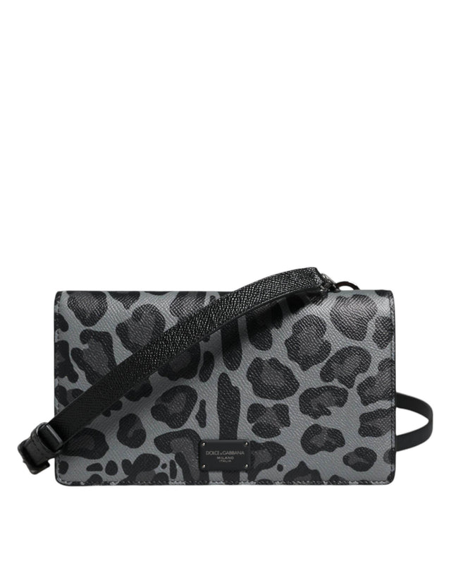 Dolce & Gabbana Black Gray Leopard Leather Bifold Card Slot Crossbody Bag - Hilstor
