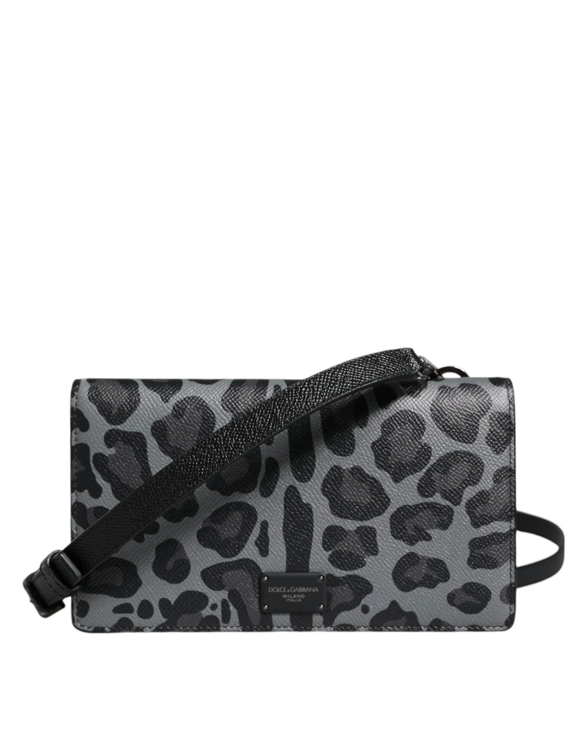 Dolce & Gabbana Black Gray Leopard Leather Bifold Card Slot Crossbody Bag - Hilstor