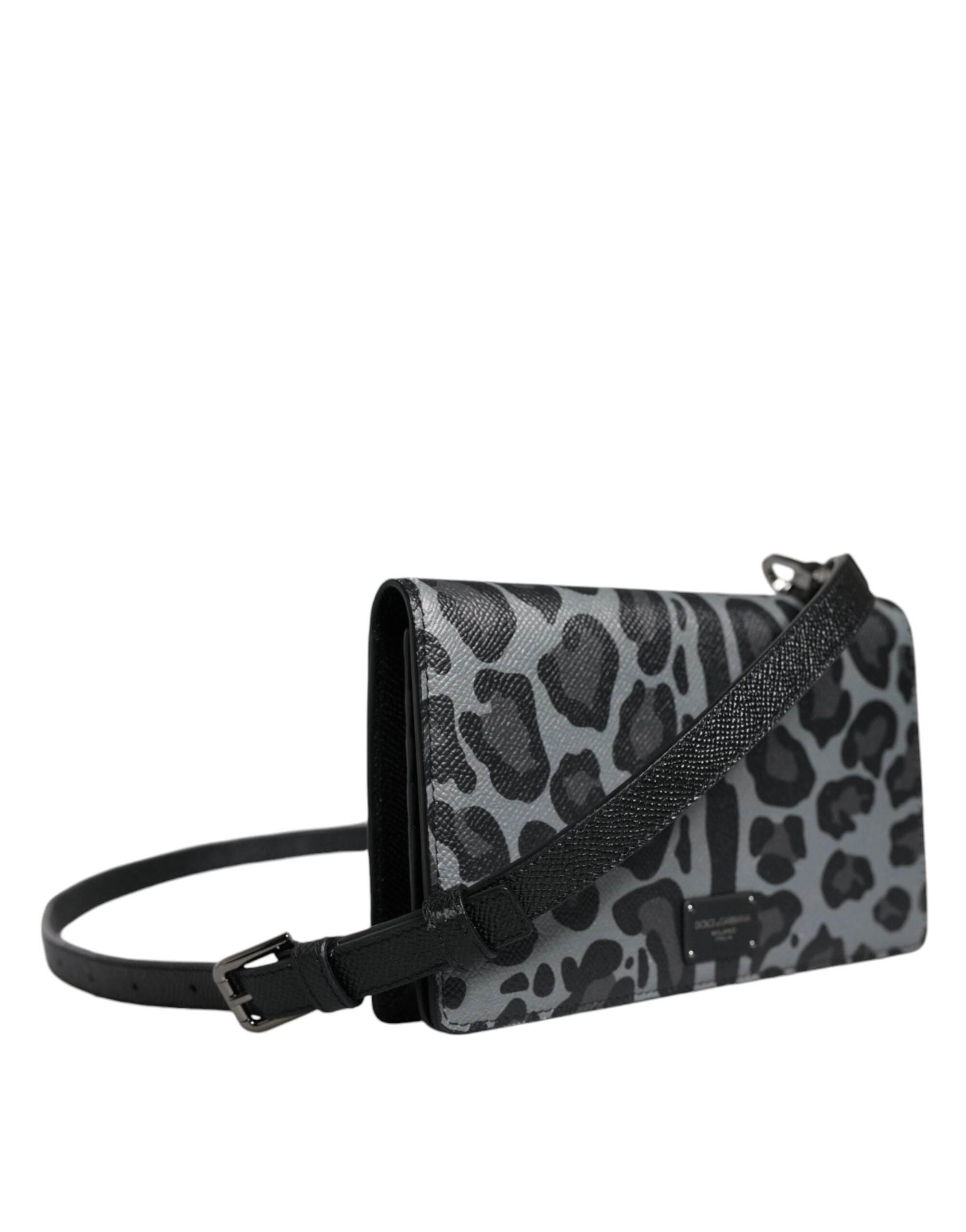 Dolce & Gabbana Black Gray Leopard Leather Bifold Card Slot Crossbody Bag - Hilstor